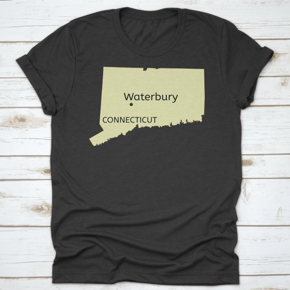 A stylish cotton t-shirt featuring the Waterbury city location on a Connecticut state map, showcasing typography design.