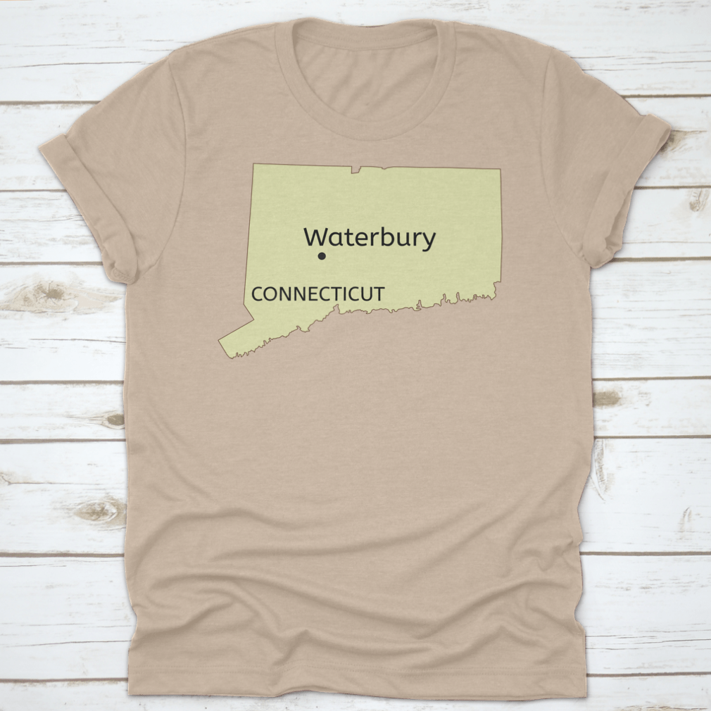 A stylish cotton t-shirt featuring the Waterbury city location on a Connecticut state map, showcasing typography design.