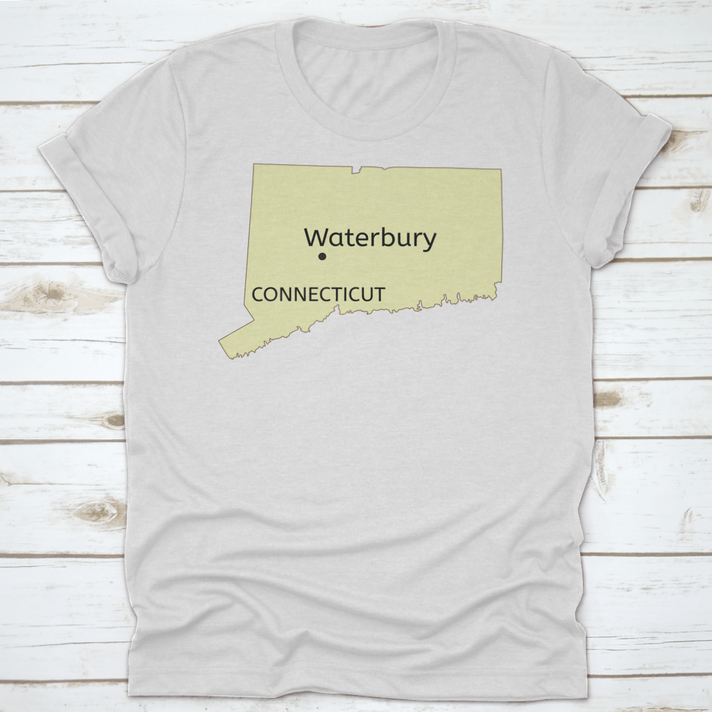 A stylish cotton t-shirt featuring the Waterbury city location on a Connecticut state map, showcasing typography design.