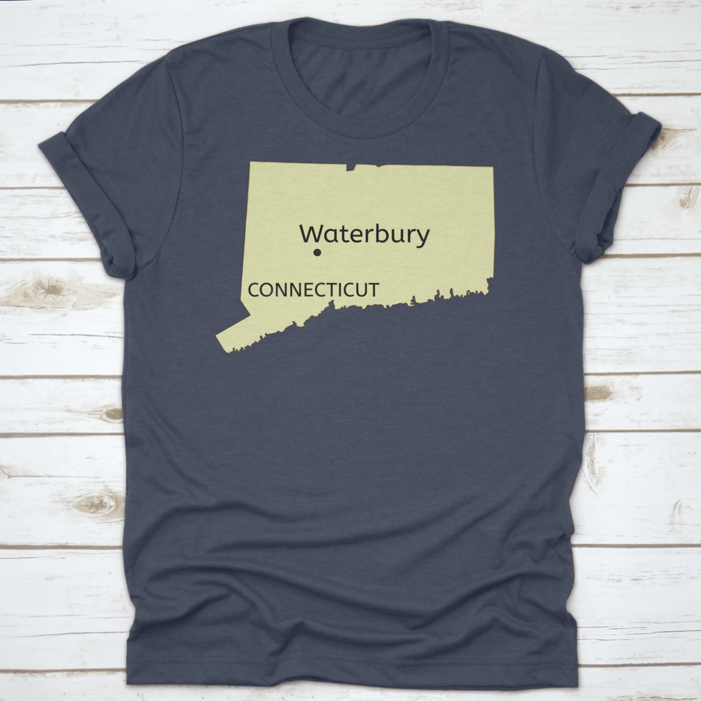 A stylish cotton t-shirt featuring the Waterbury city location on a Connecticut state map, showcasing typography design.