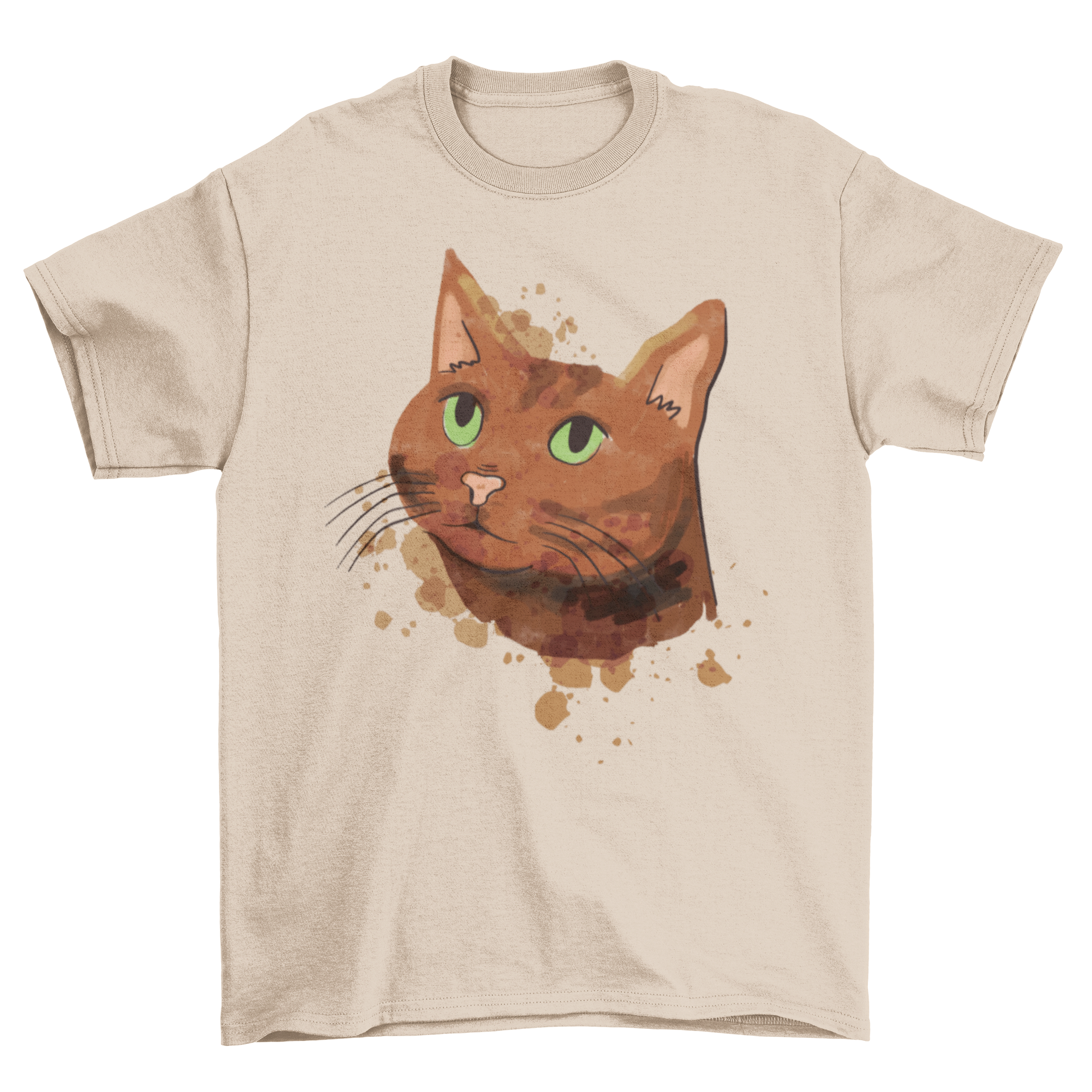 A soft t-shirt featuring a cute brown cat illustrated in watercolor style, perfect for cat lovers.