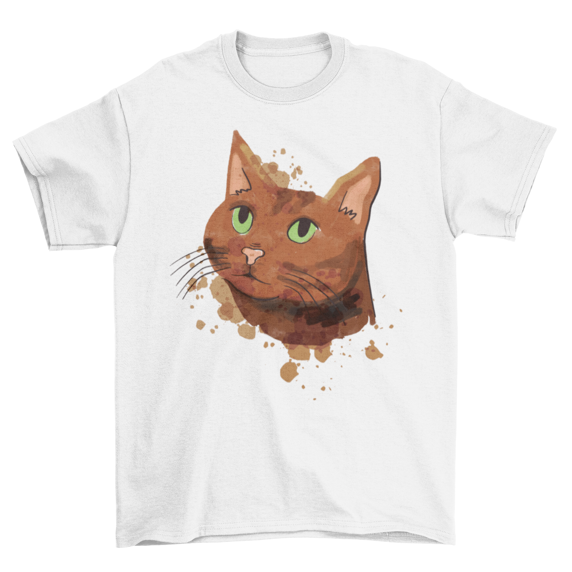 A soft t-shirt featuring a cute brown cat illustrated in watercolor style, perfect for cat lovers.