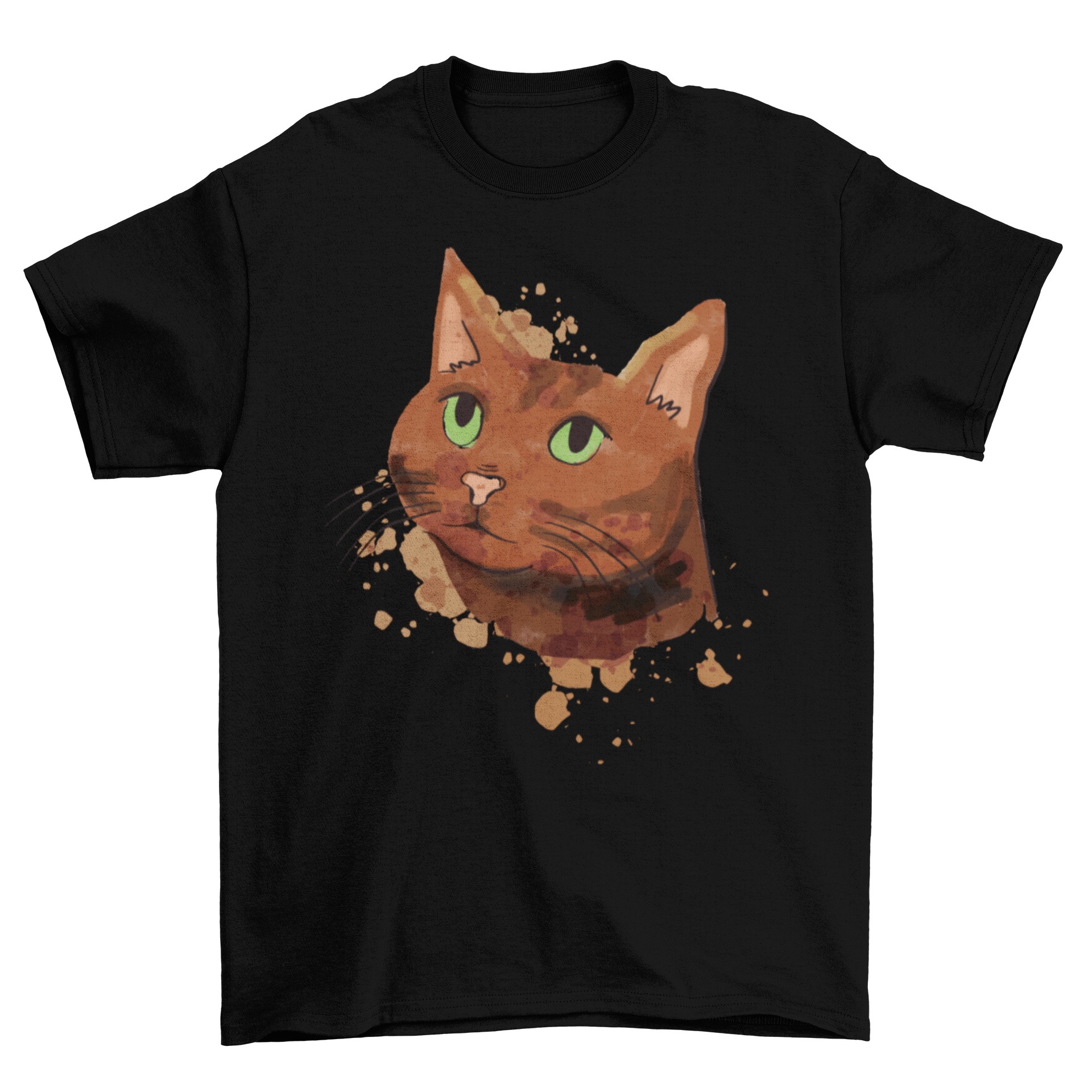 A soft t-shirt featuring a cute brown cat illustrated in watercolor style, perfect for cat lovers.