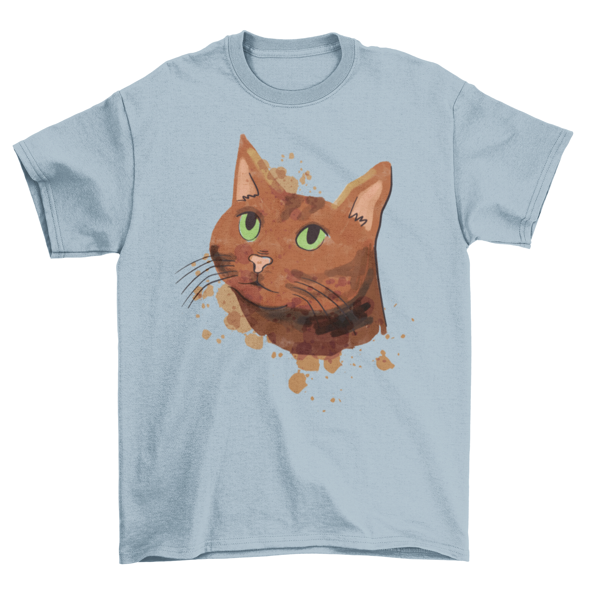 A soft t-shirt featuring a cute brown cat illustrated in watercolor style, perfect for cat lovers.