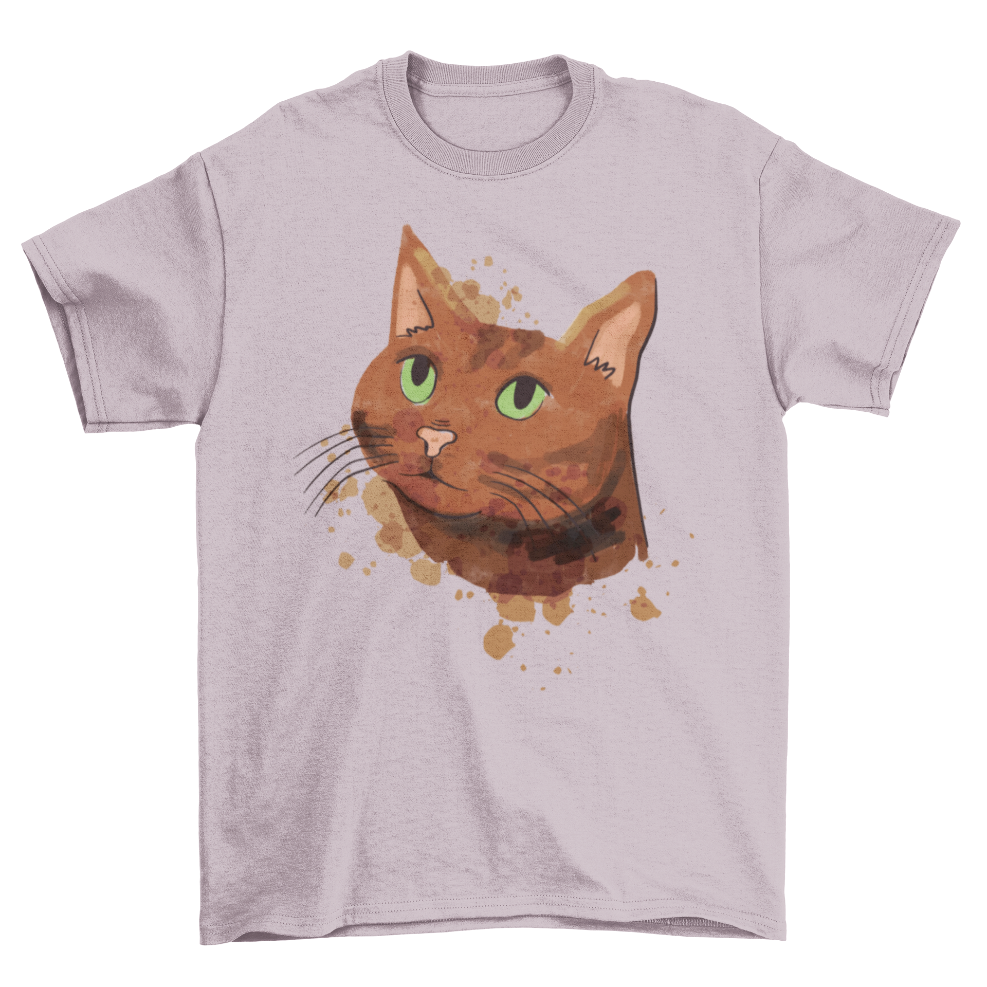 A soft t-shirt featuring a cute brown cat illustrated in watercolor style, perfect for cat lovers.