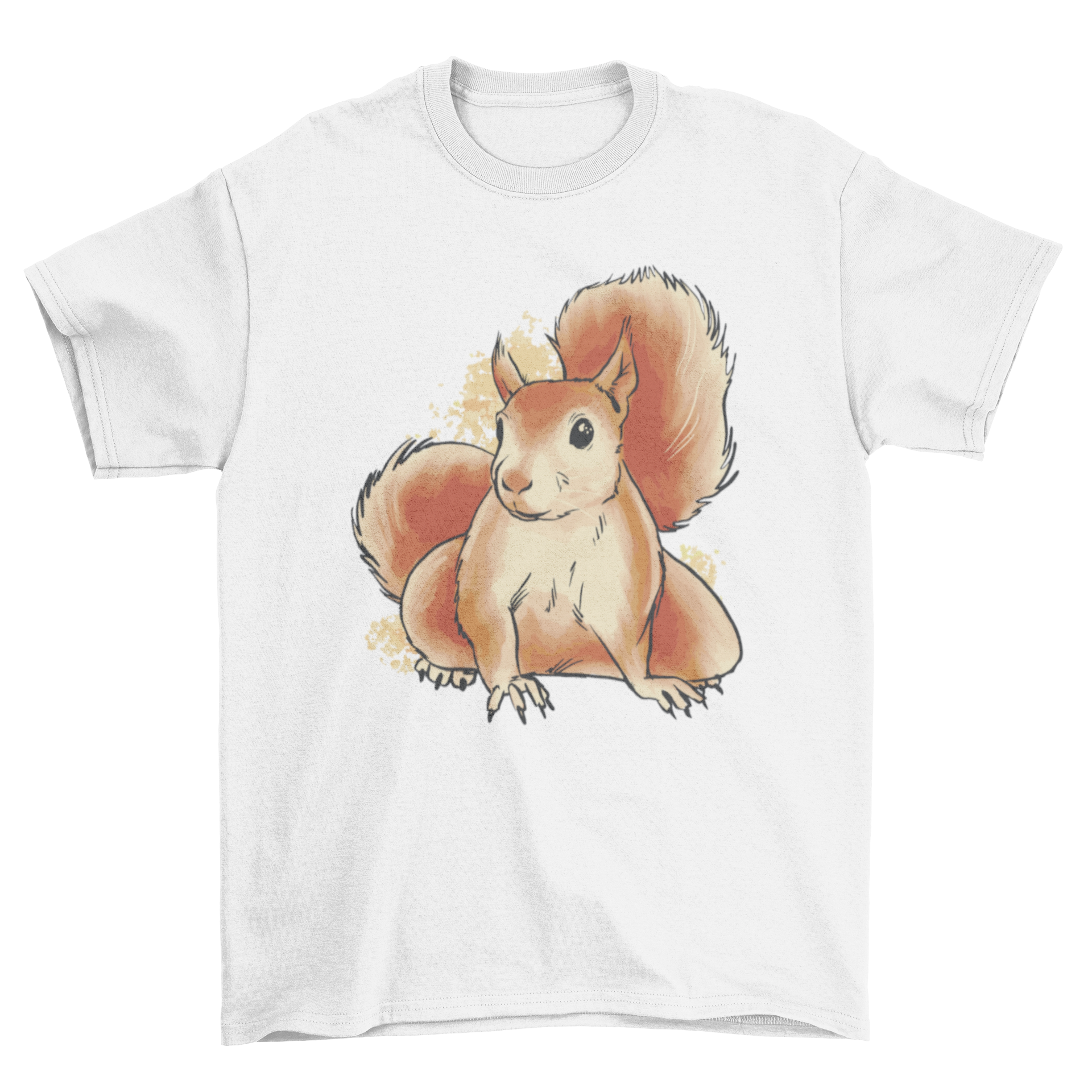 A vibrant watercolor illustration of a cute squirrel on a soft t-shirt, showcasing its playful nature.