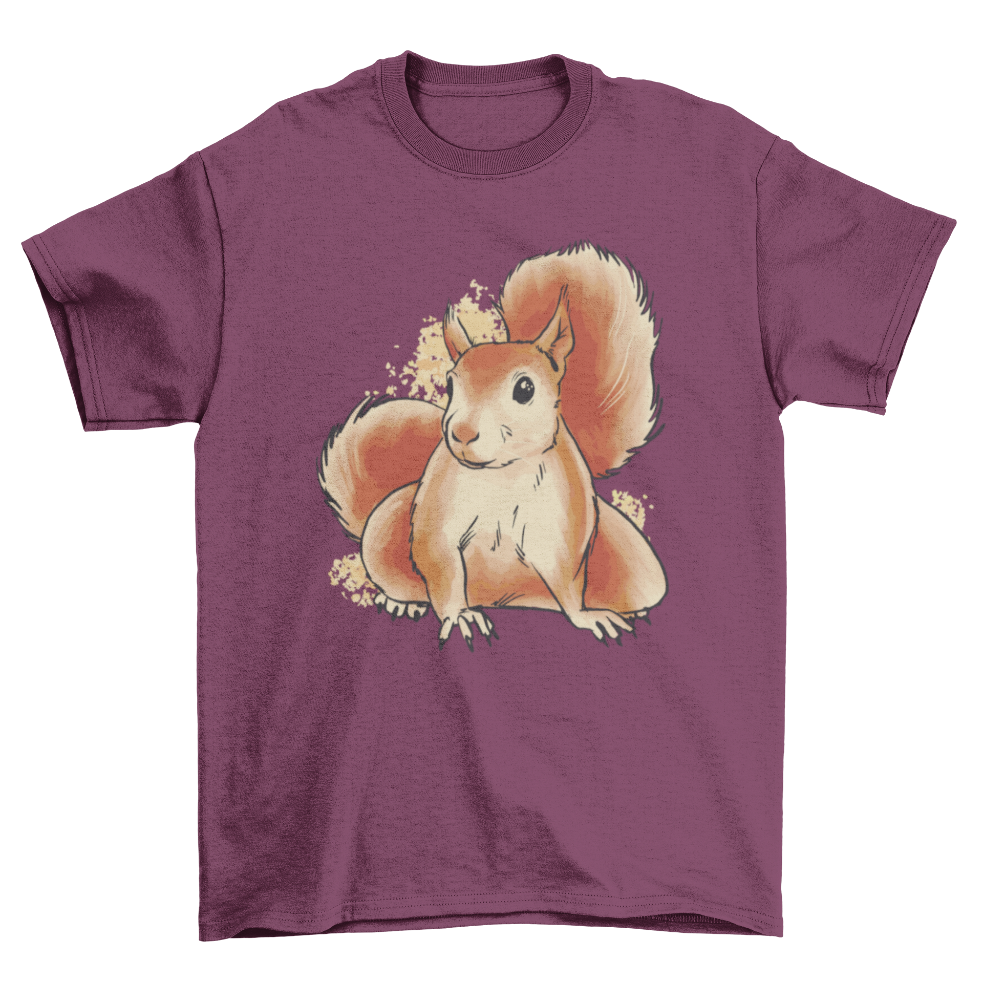 A vibrant watercolor illustration of a cute squirrel on a soft t-shirt, showcasing its playful nature.