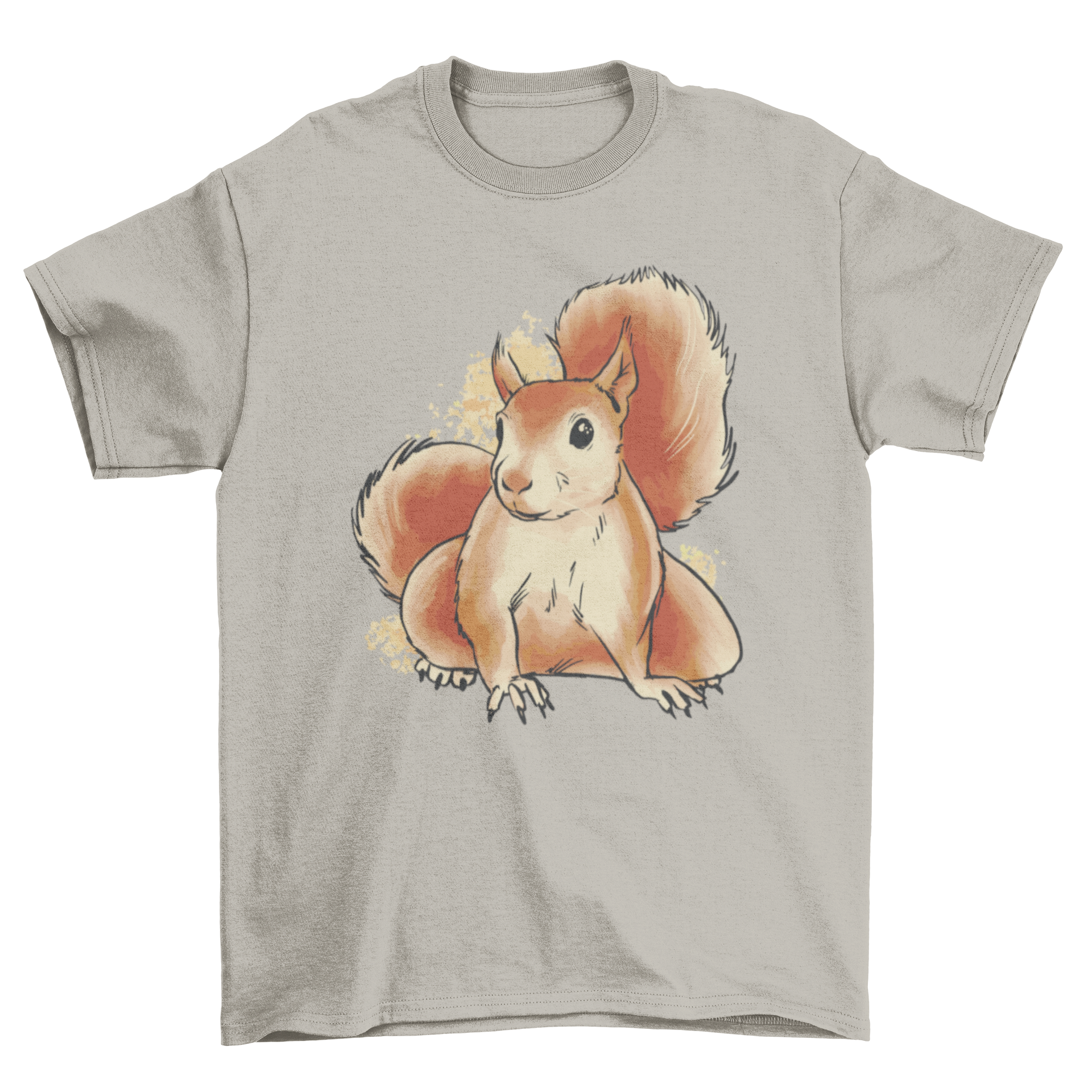 A vibrant watercolor illustration of a cute squirrel on a soft t-shirt, showcasing its playful nature.