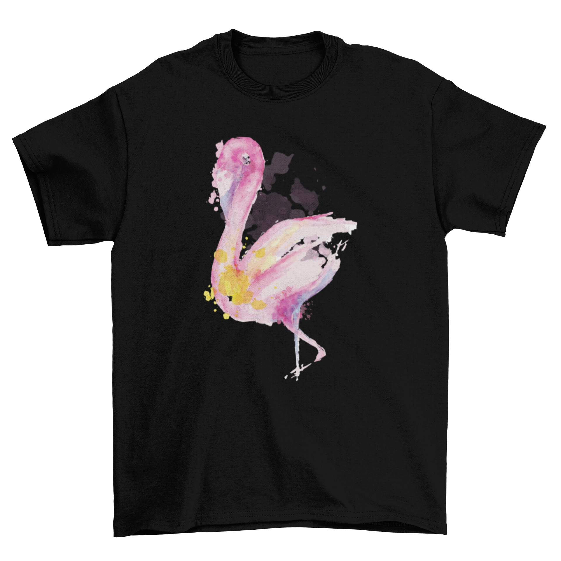 A vibrant watercolor flamingo t-shirt featuring multicolored flamingo illustration with artistic paint splashes.