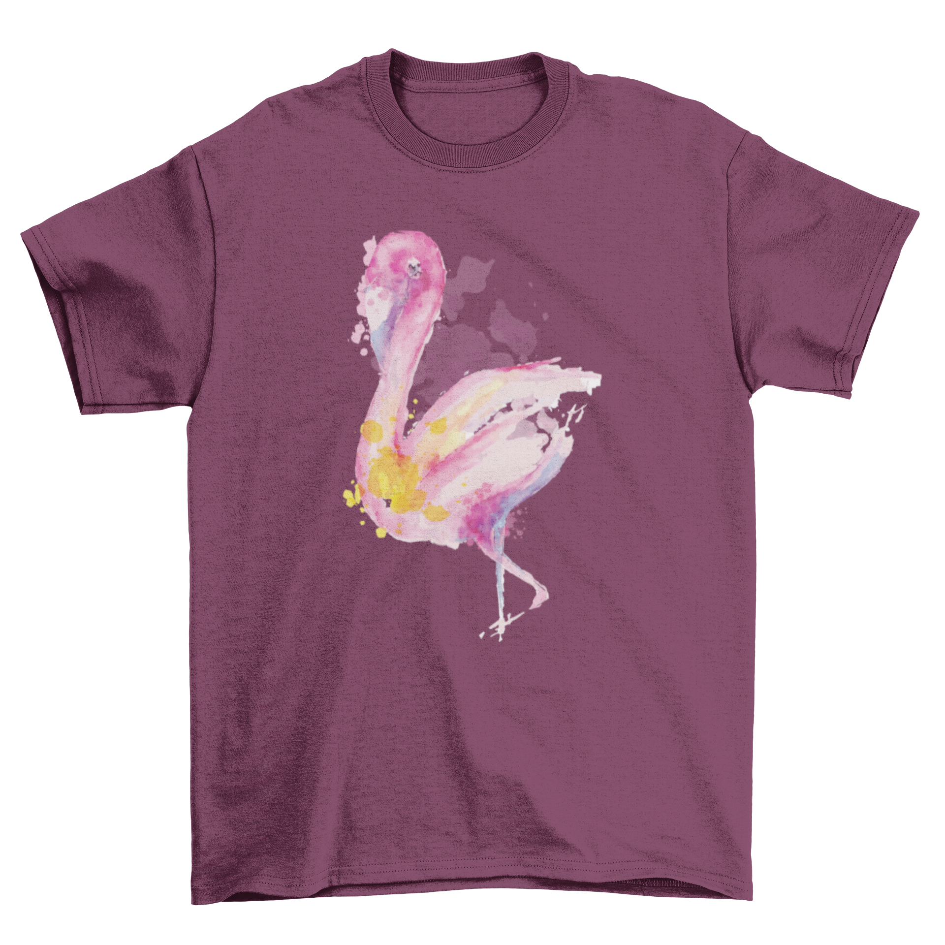 A vibrant watercolor flamingo t-shirt featuring multicolored flamingo illustration with artistic paint splashes.