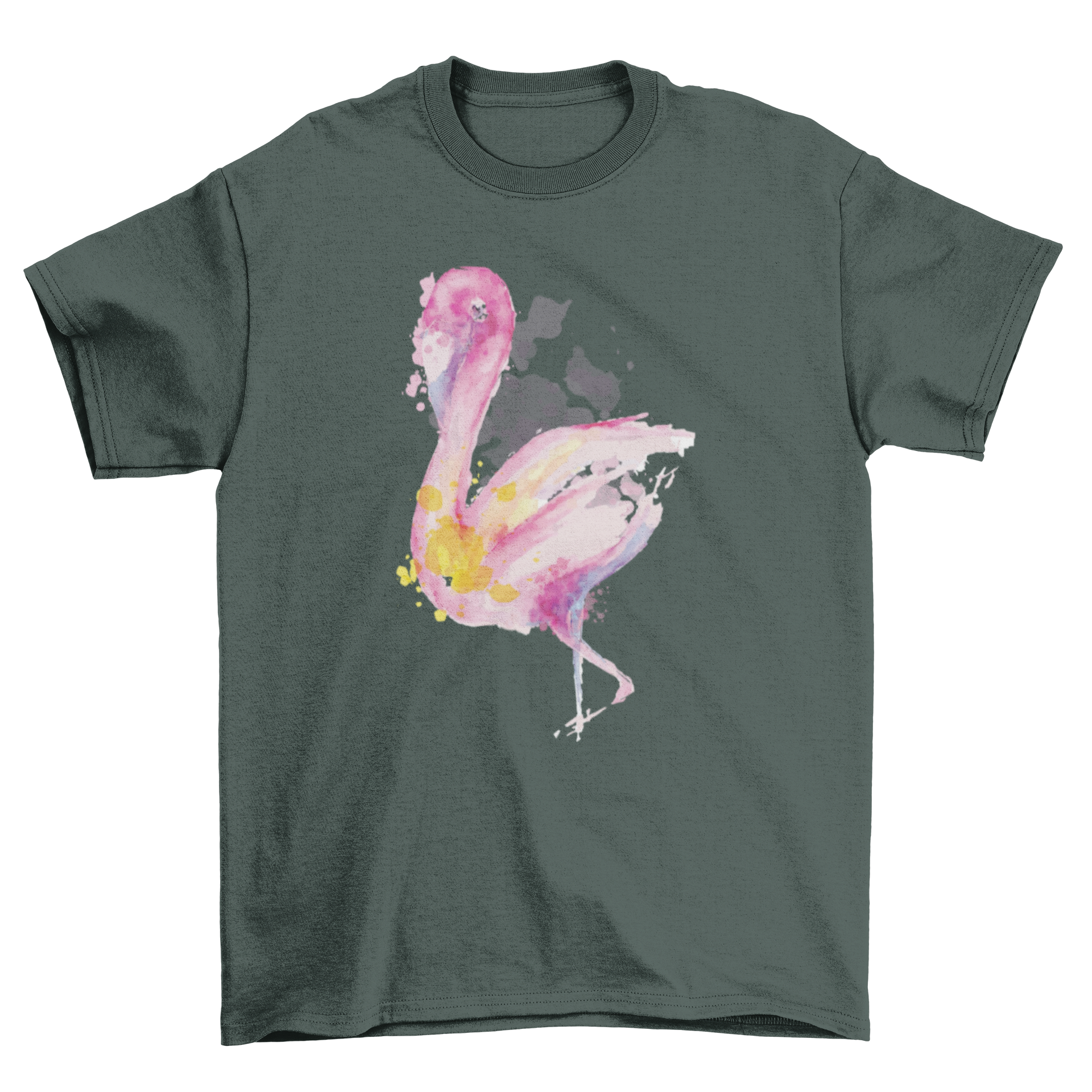 A vibrant watercolor flamingo t-shirt featuring multicolored flamingo illustration with artistic paint splashes.