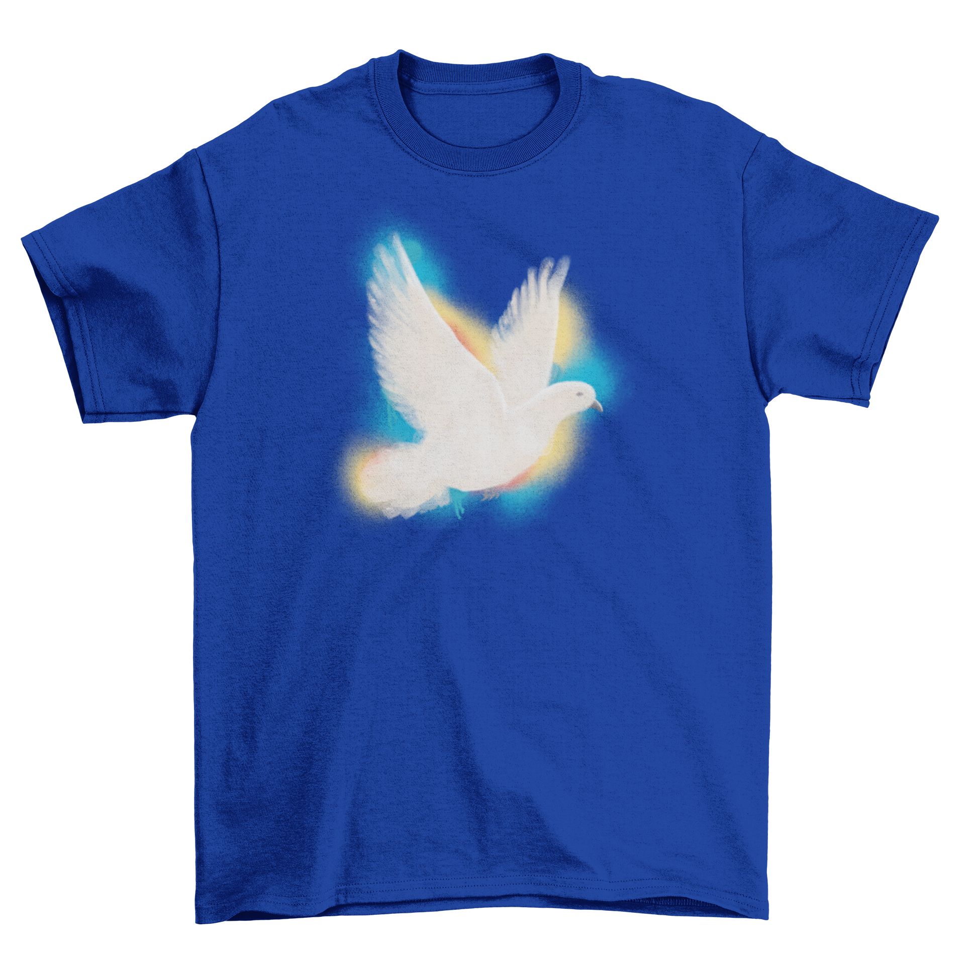 A colorful watercolor design of a pigeon on a soft t-shirt, showcasing vibrant hues and artistic details.