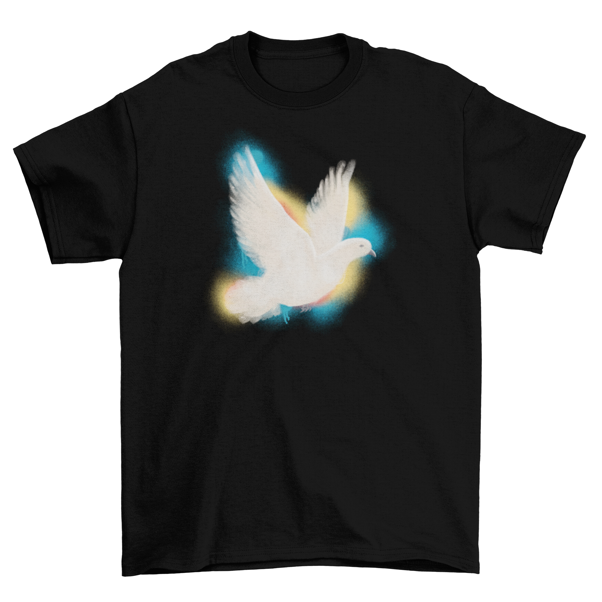 A colorful watercolor design of a pigeon on a soft t-shirt, showcasing vibrant hues and artistic details.