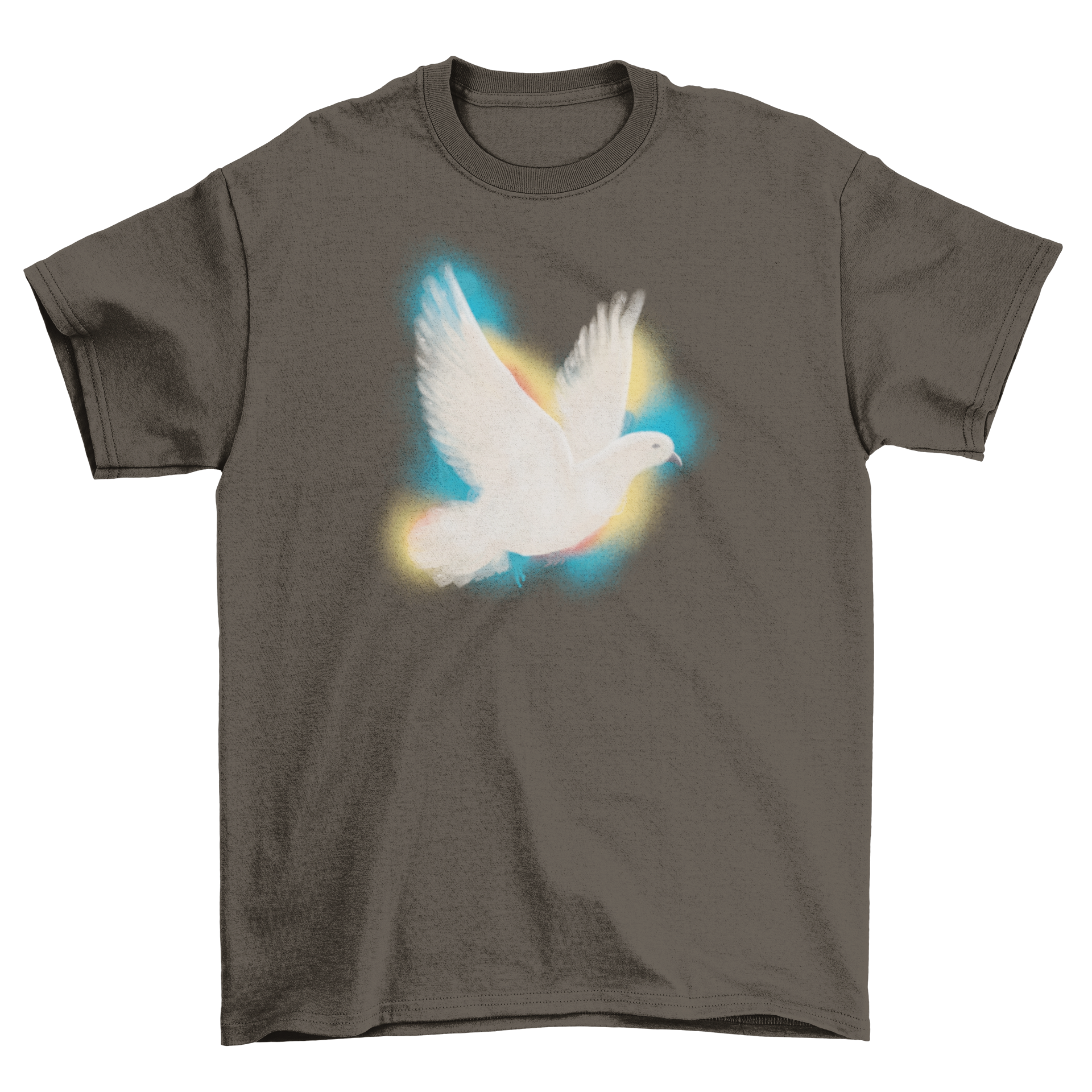 A colorful watercolor design of a pigeon on a soft t-shirt, showcasing vibrant hues and artistic details.