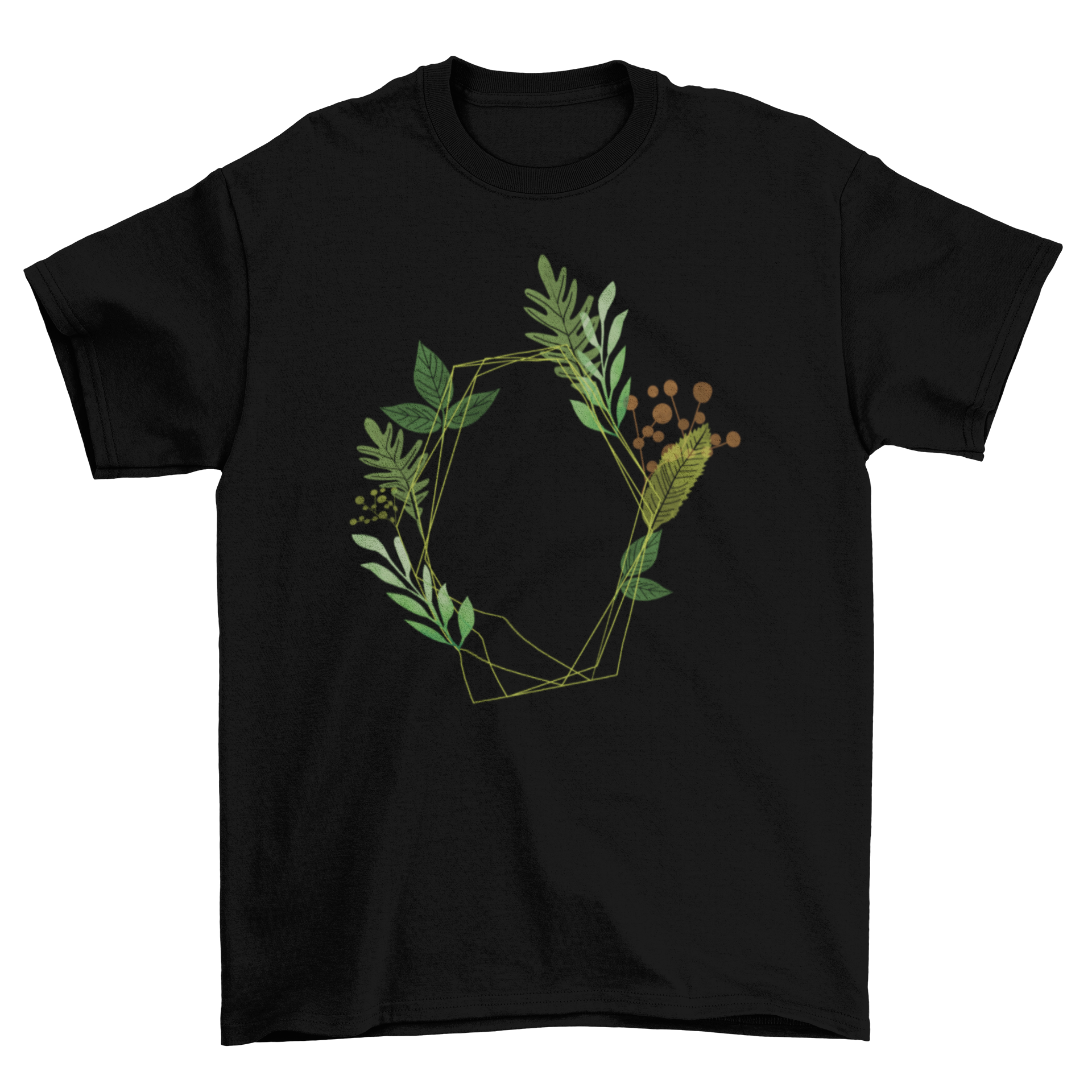 A stylish T-shirt featuring a vibrant watercolor illustration of various plants, showcasing intricate details and soft colors.