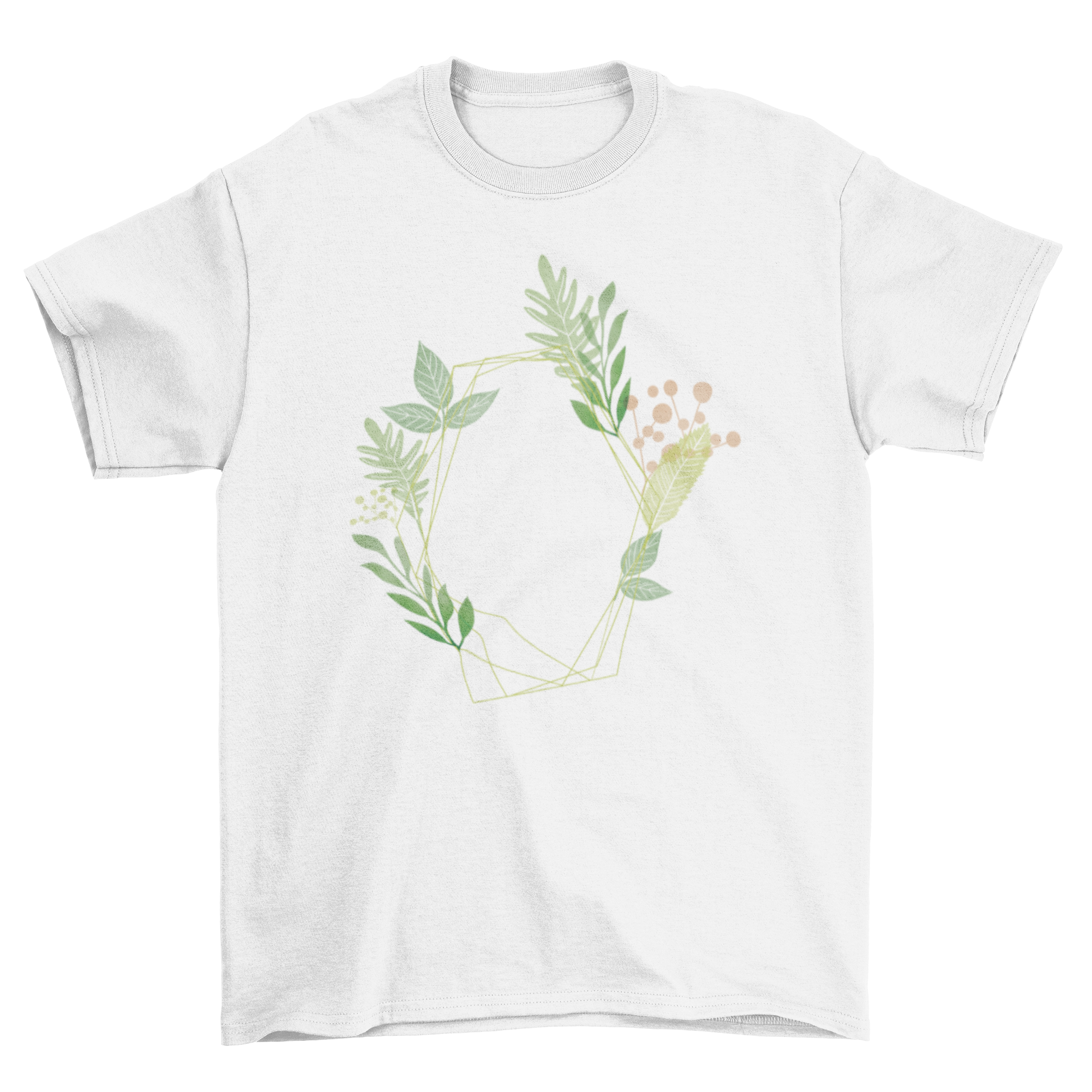 A stylish T-shirt featuring a vibrant watercolor illustration of various plants, showcasing intricate details and soft colors.