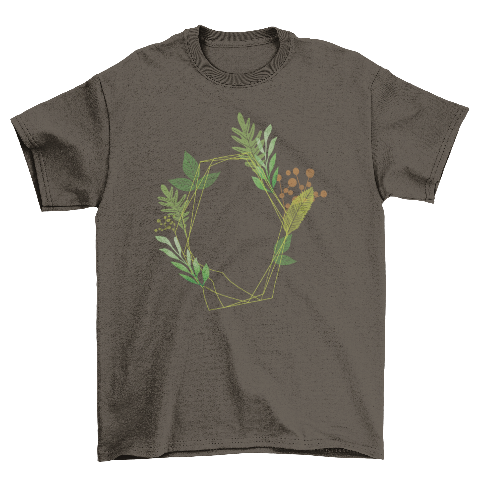 A stylish T-shirt featuring a vibrant watercolor illustration of various plants, showcasing intricate details and soft colors.