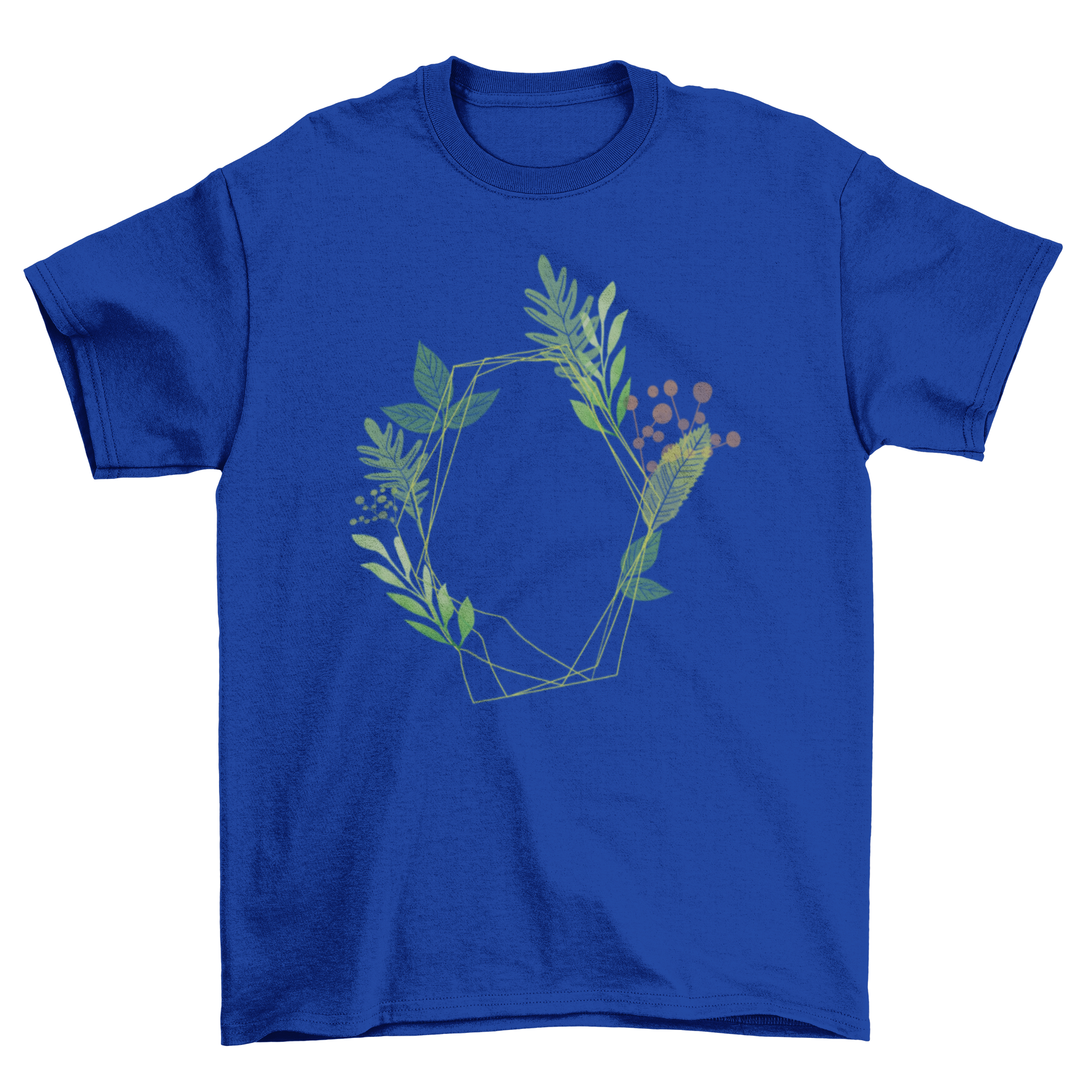 A stylish T-shirt featuring a vibrant watercolor illustration of various plants, showcasing intricate details and soft colors.