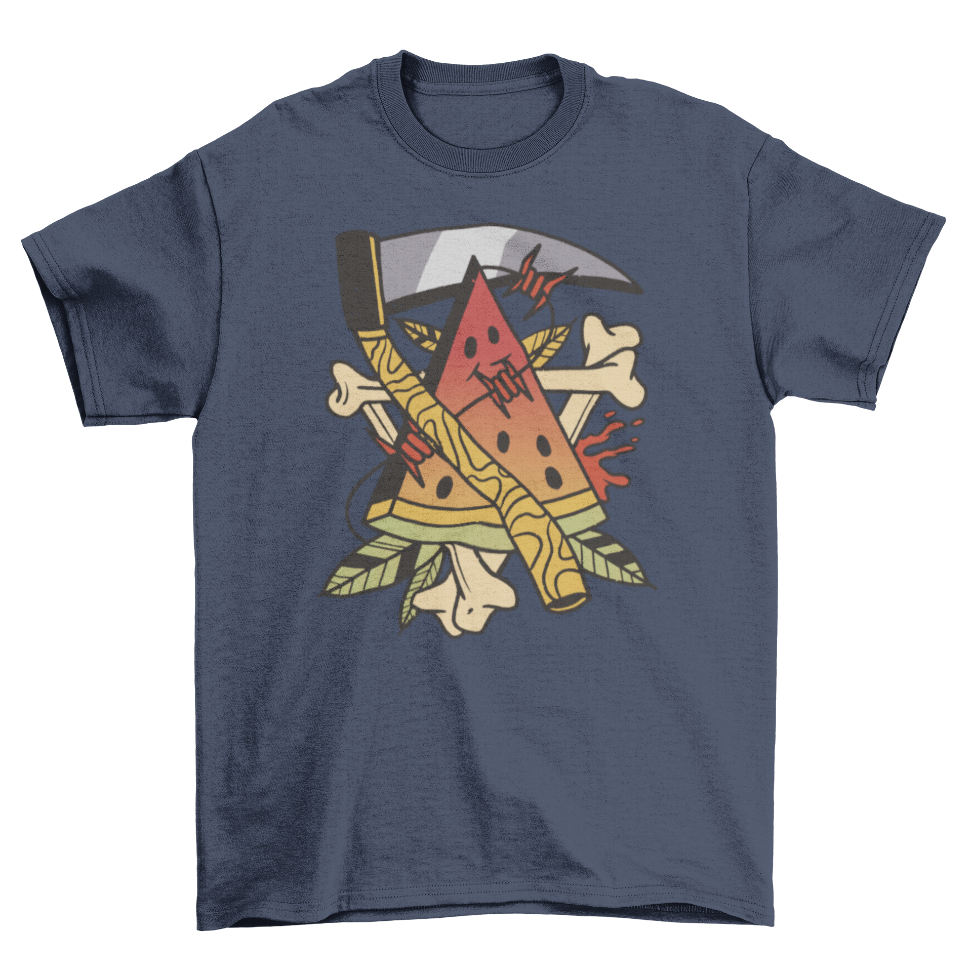 A stylish t-shirt featuring a vibrant watermelon tattoo and a scythe design, perfect for bold fashion statements.