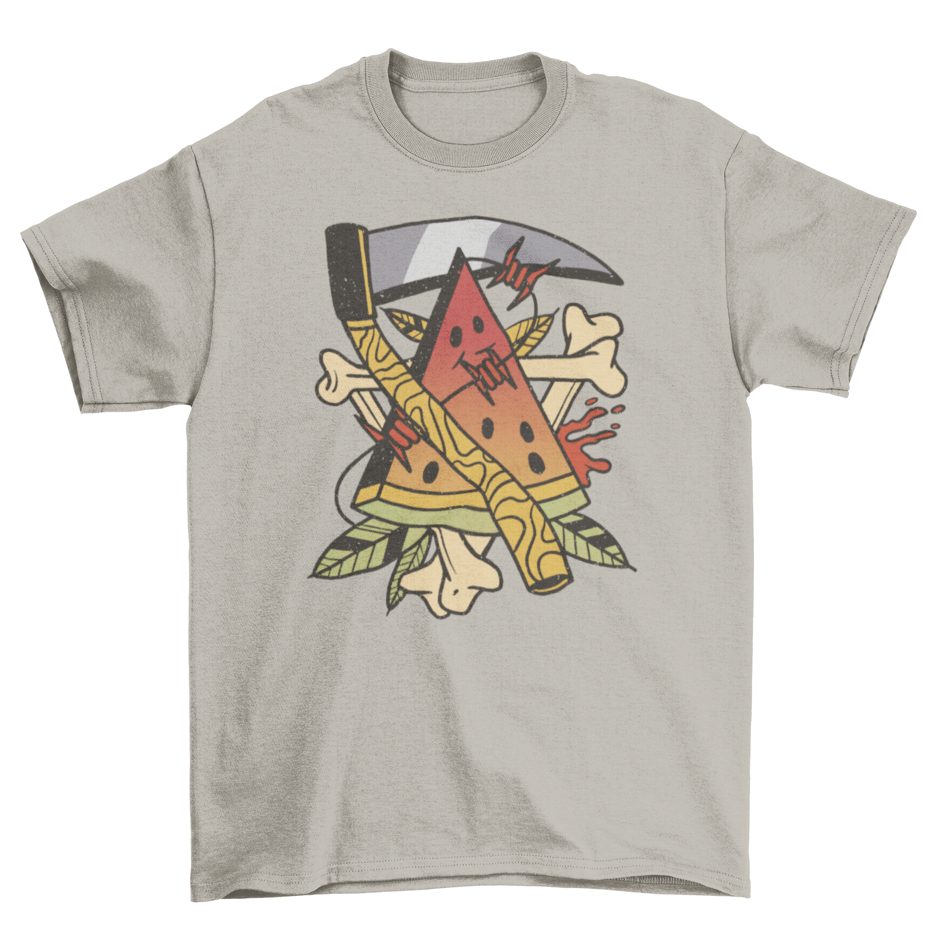 A stylish t-shirt featuring a vibrant watermelon tattoo and a scythe design, perfect for bold fashion statements.