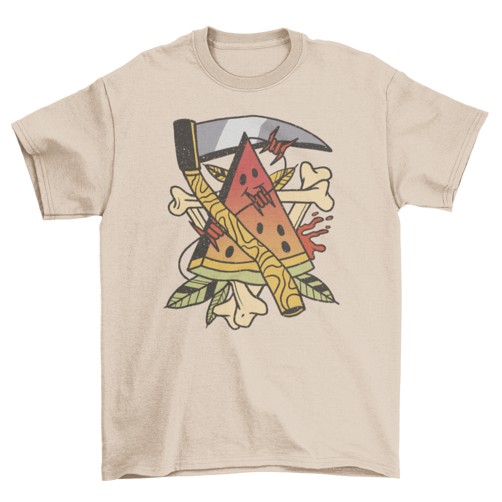 A stylish t-shirt featuring a vibrant watermelon tattoo and a scythe design, perfect for bold fashion statements.