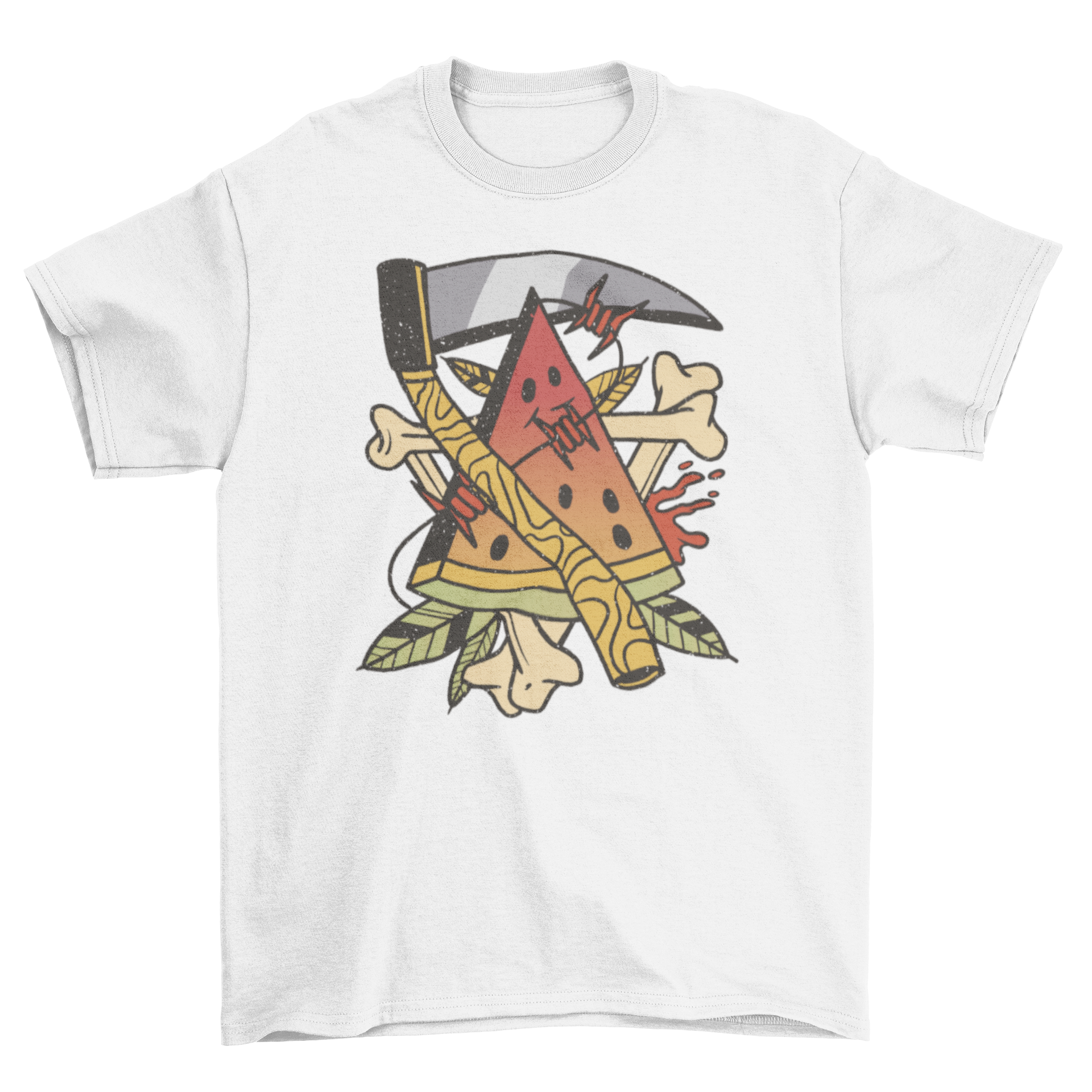 A stylish t-shirt featuring a vibrant watermelon tattoo and a scythe design, perfect for bold fashion statements.