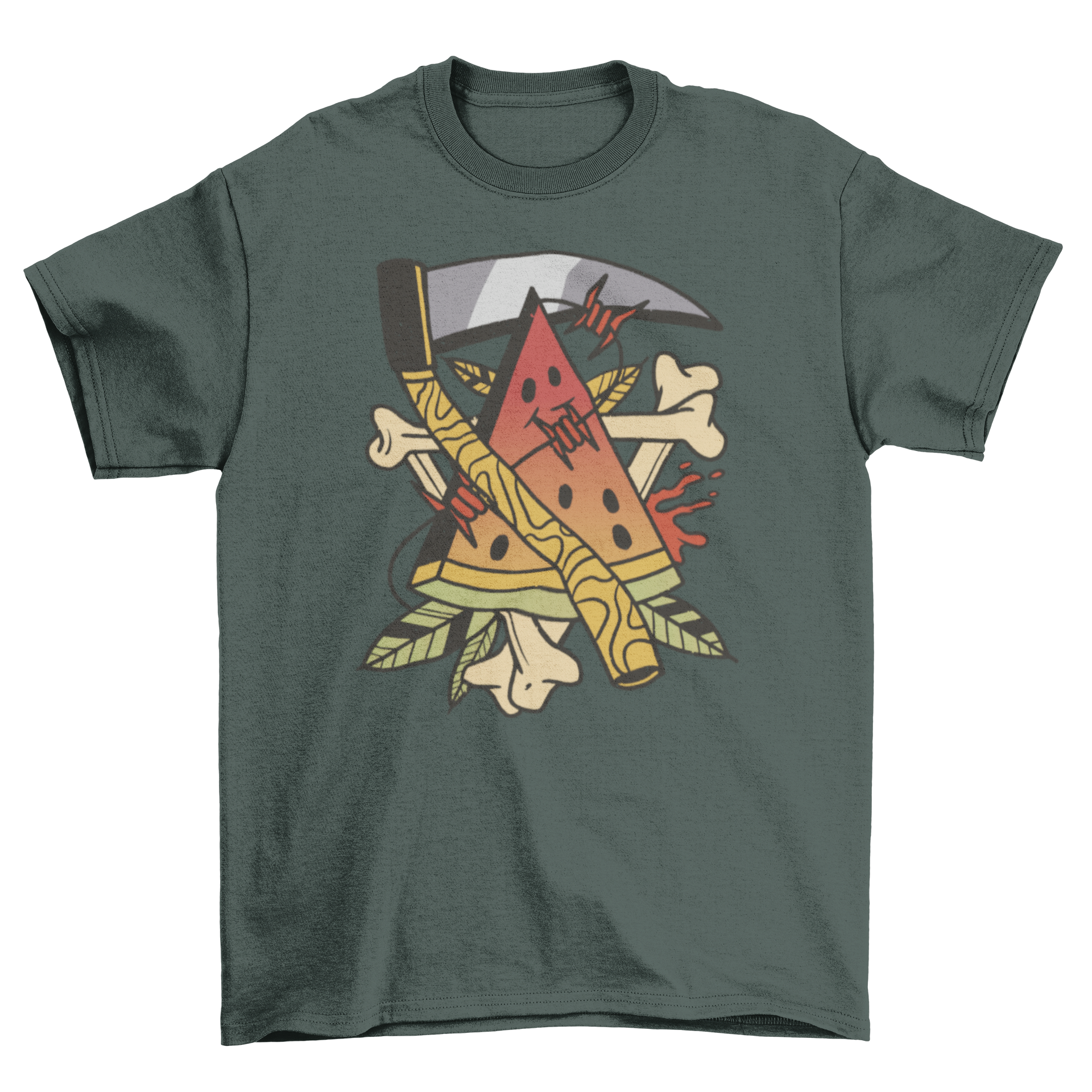 A stylish t-shirt featuring a vibrant watermelon tattoo and a scythe design, perfect for bold fashion statements.