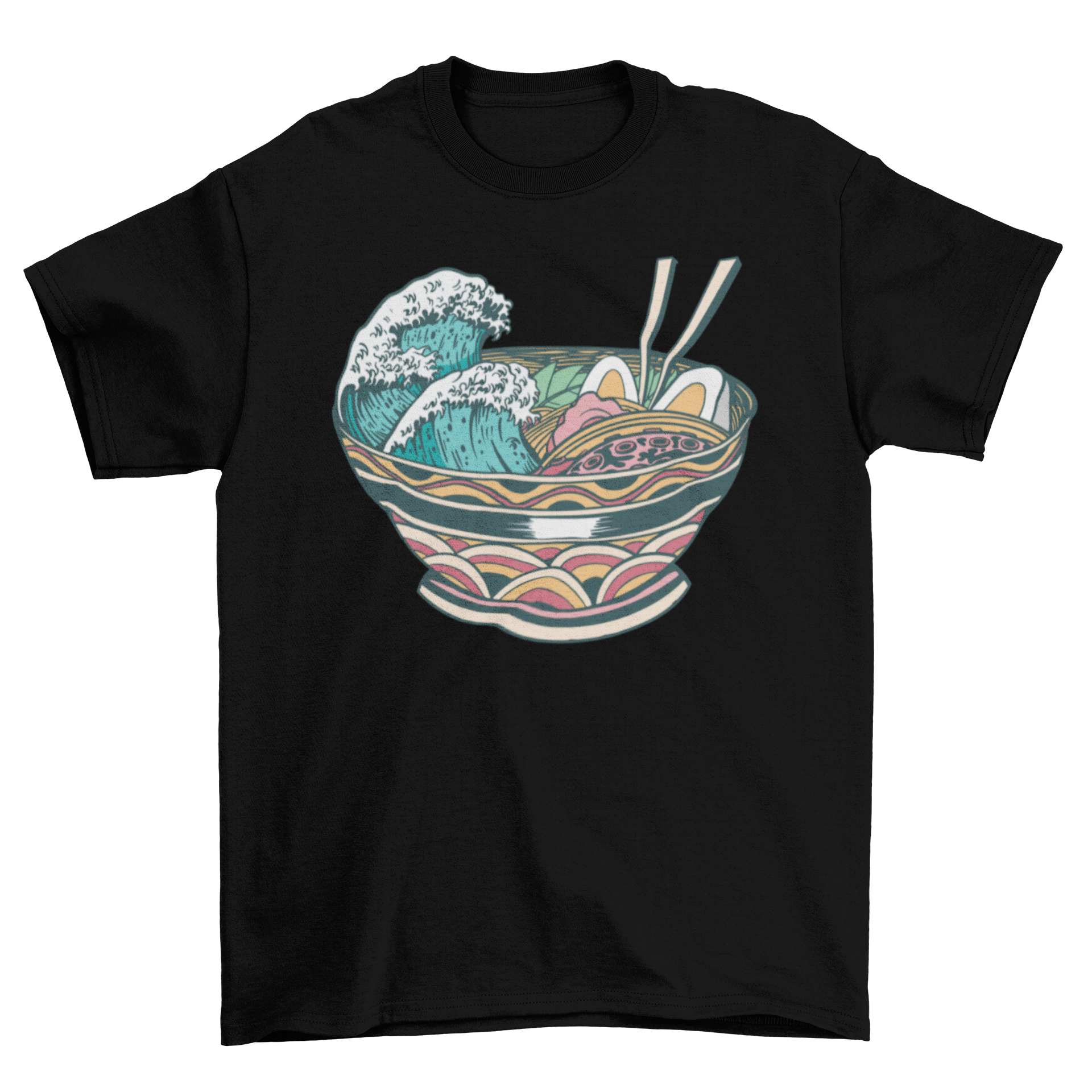 Wave Ramen T-Shirt featuring a bowl of ramen with ocean waves design, showcasing vibrant colors and intricate details.