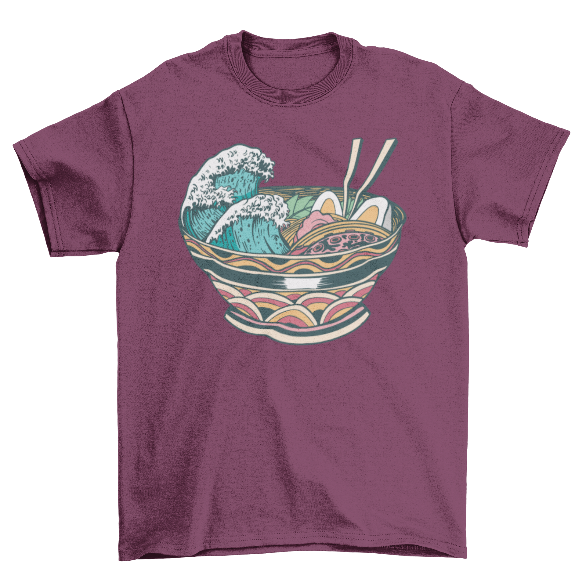 Wave Ramen T-Shirt featuring a bowl of ramen with ocean waves design, showcasing vibrant colors and intricate details.