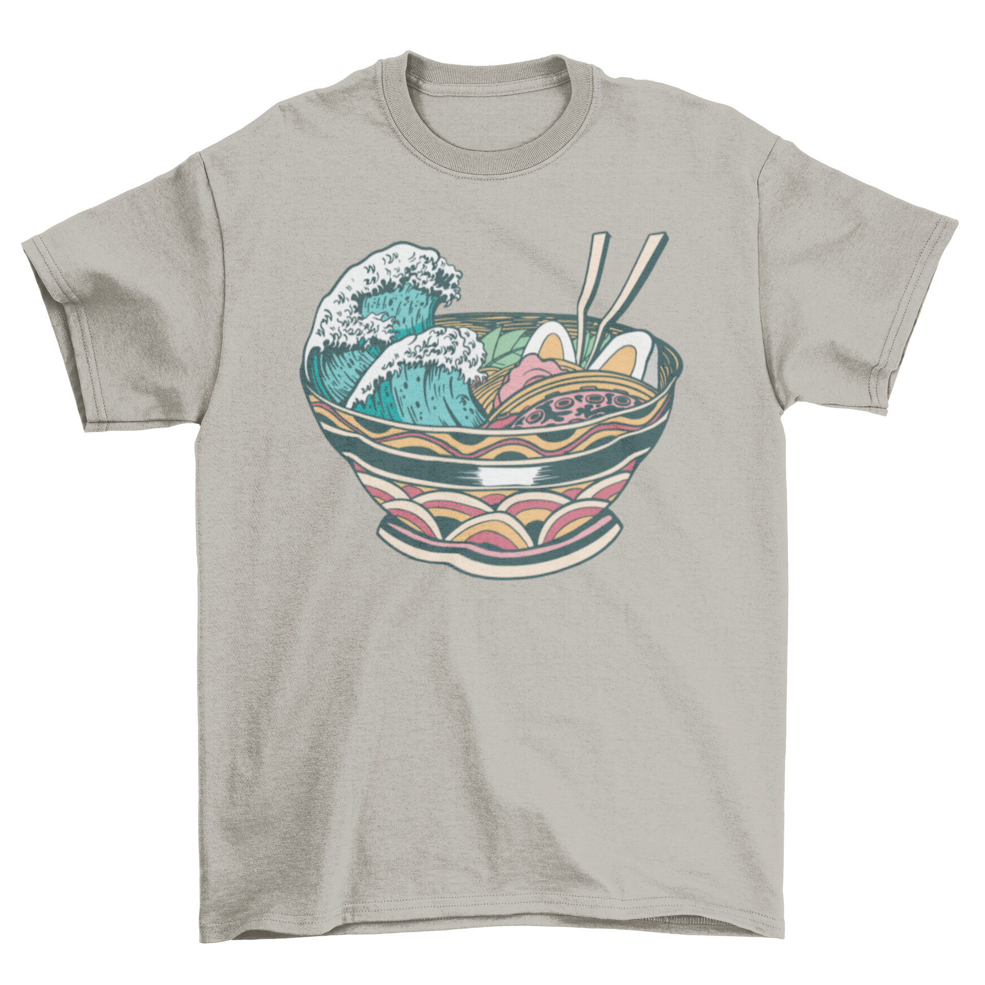 Wave Ramen T-Shirt featuring a bowl of ramen with ocean waves design, showcasing vibrant colors and intricate details.