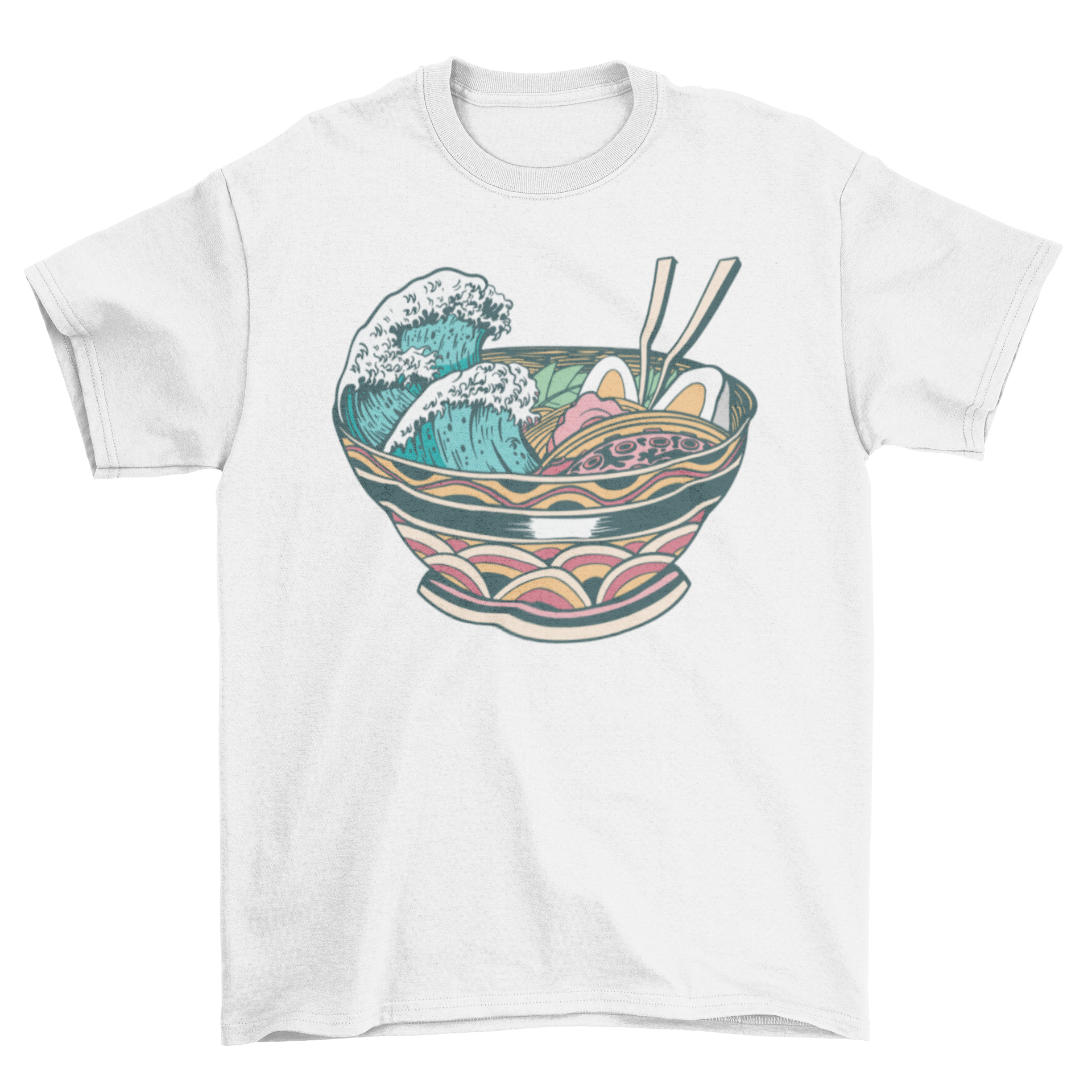 Wave Ramen T-Shirt featuring a bowl of ramen with ocean waves design, showcasing vibrant colors and intricate details.