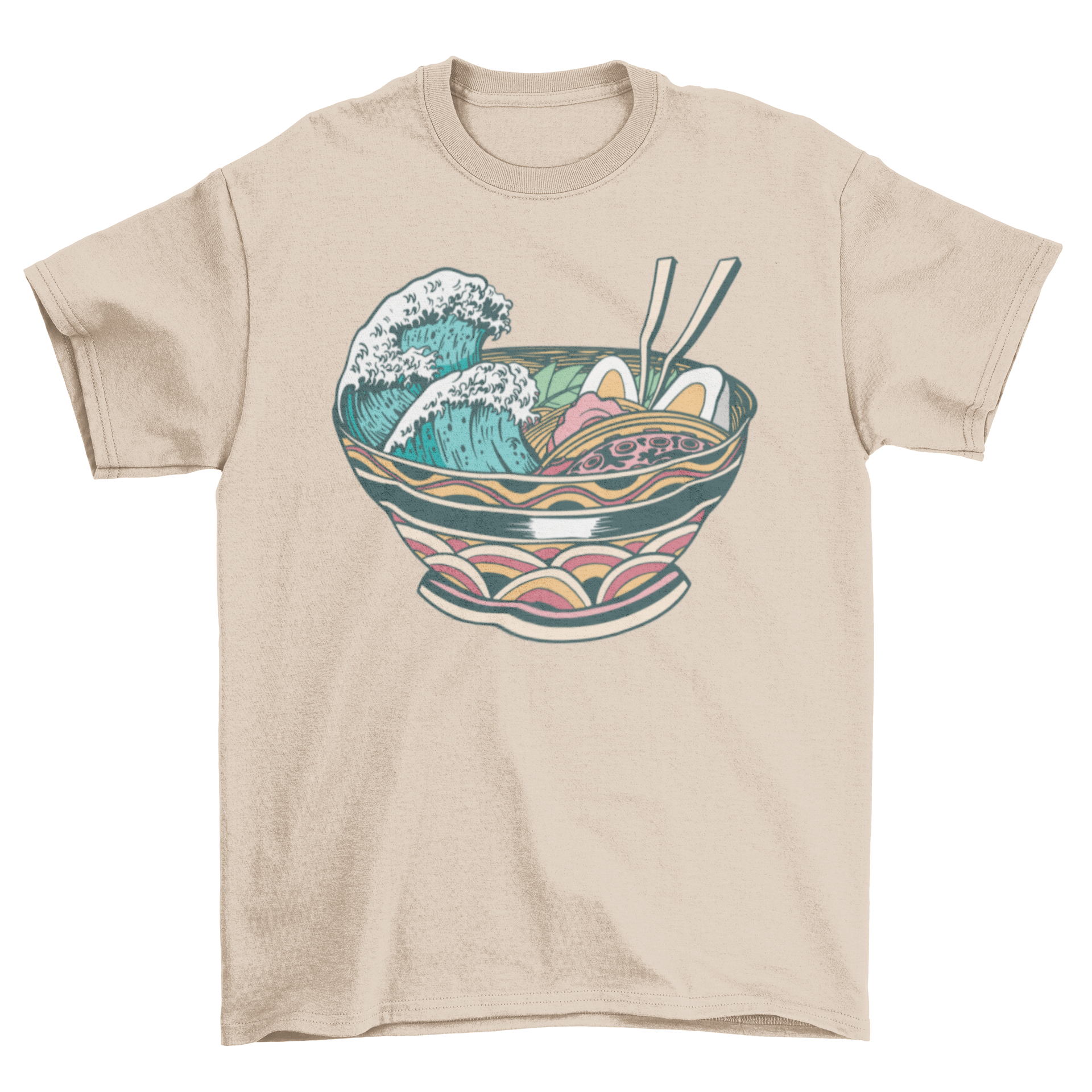 Wave Ramen T-Shirt featuring a bowl of ramen with ocean waves design, showcasing vibrant colors and intricate details.