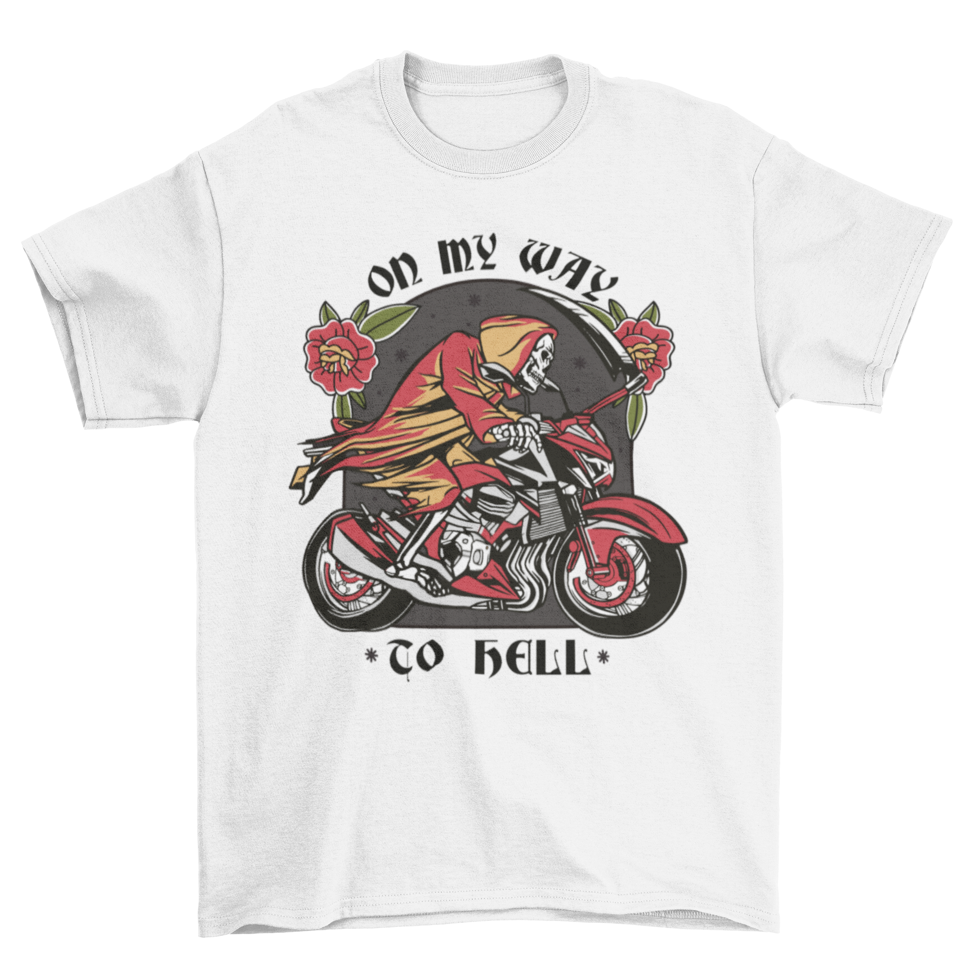 Way to Hell t-shirt featuring a skeleton riding a bike with tattoo-style design and bold quote.