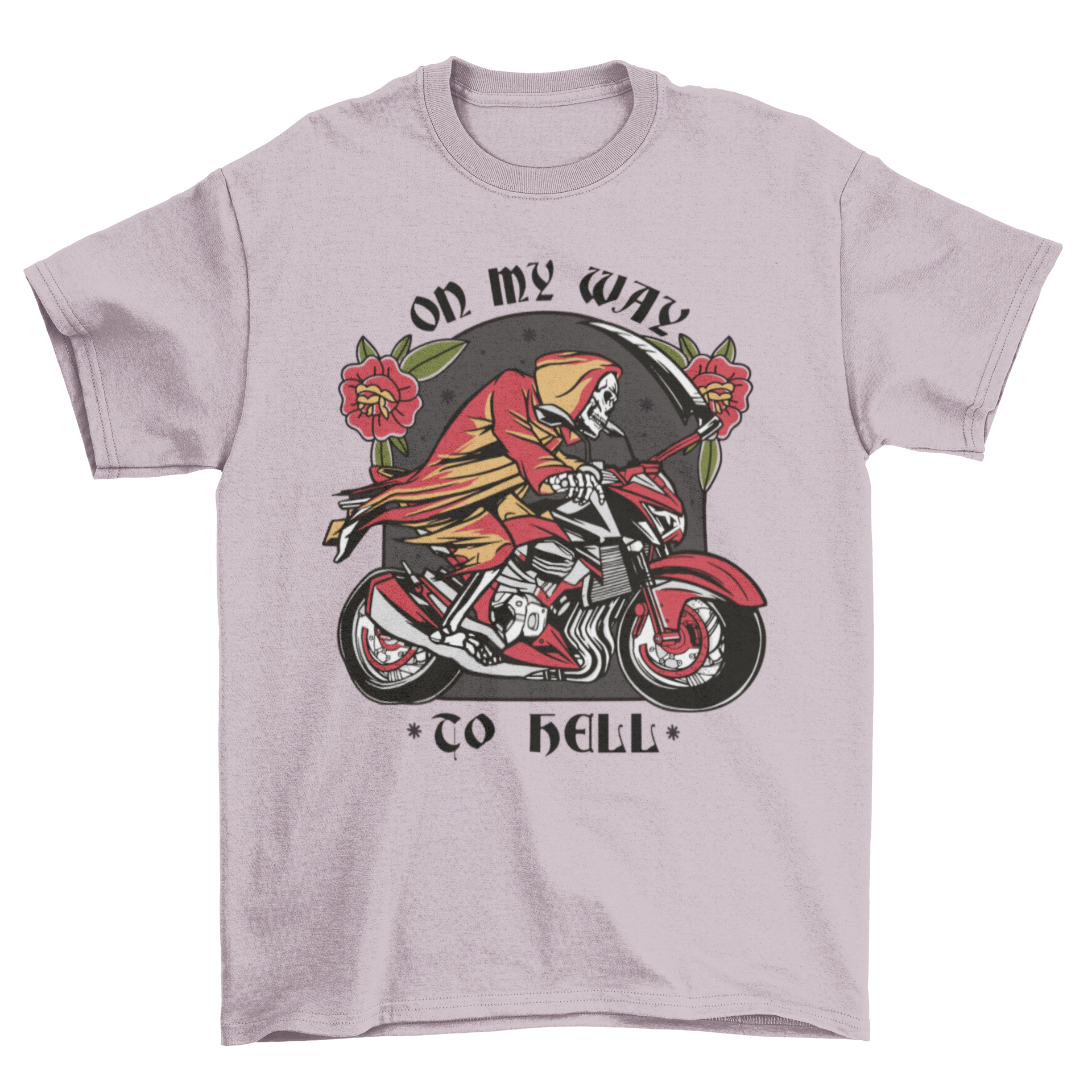 Way to Hell t-shirt featuring a skeleton riding a bike with tattoo-style design and bold quote.