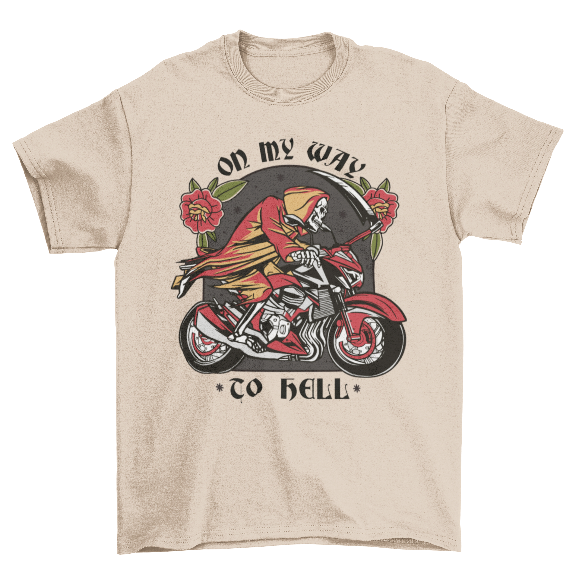 Way to Hell t-shirt featuring a skeleton riding a bike with tattoo-style design and bold quote.