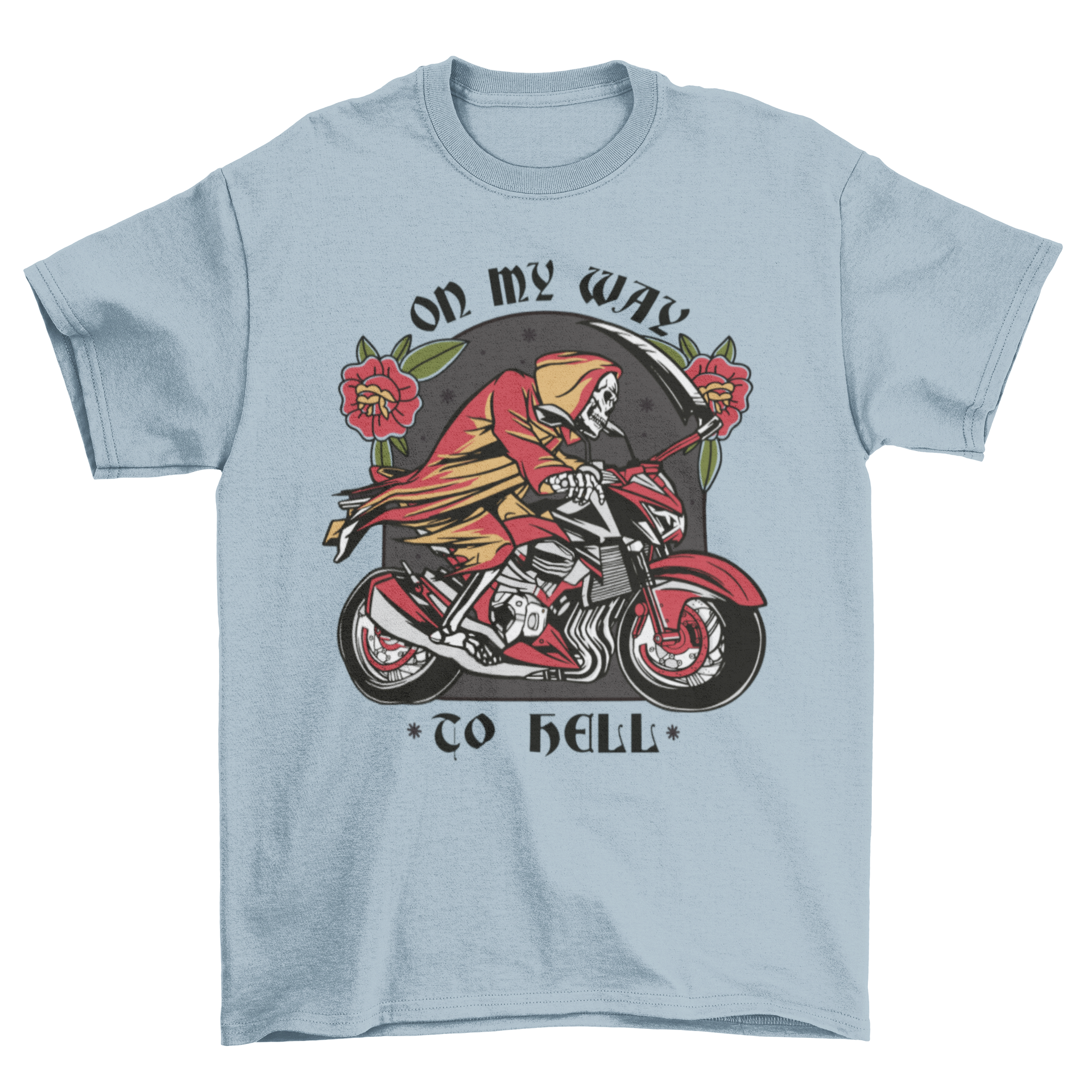 Way to Hell t-shirt featuring a skeleton riding a bike with tattoo-style design and bold quote.