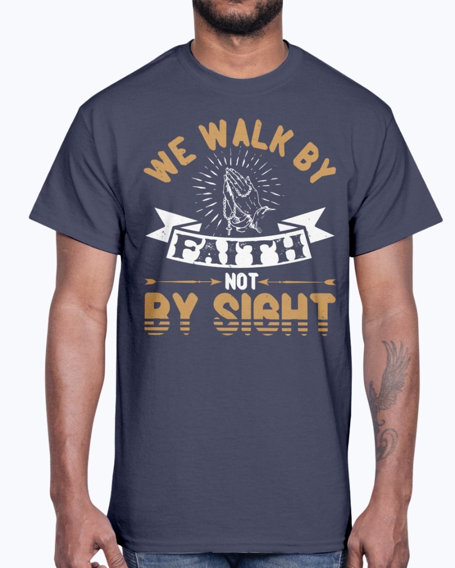 A unisex cotton tee featuring the inspirational quote 'We Walk by Faith, Not by Sight' in a stylish font, perfect for everyday wear.