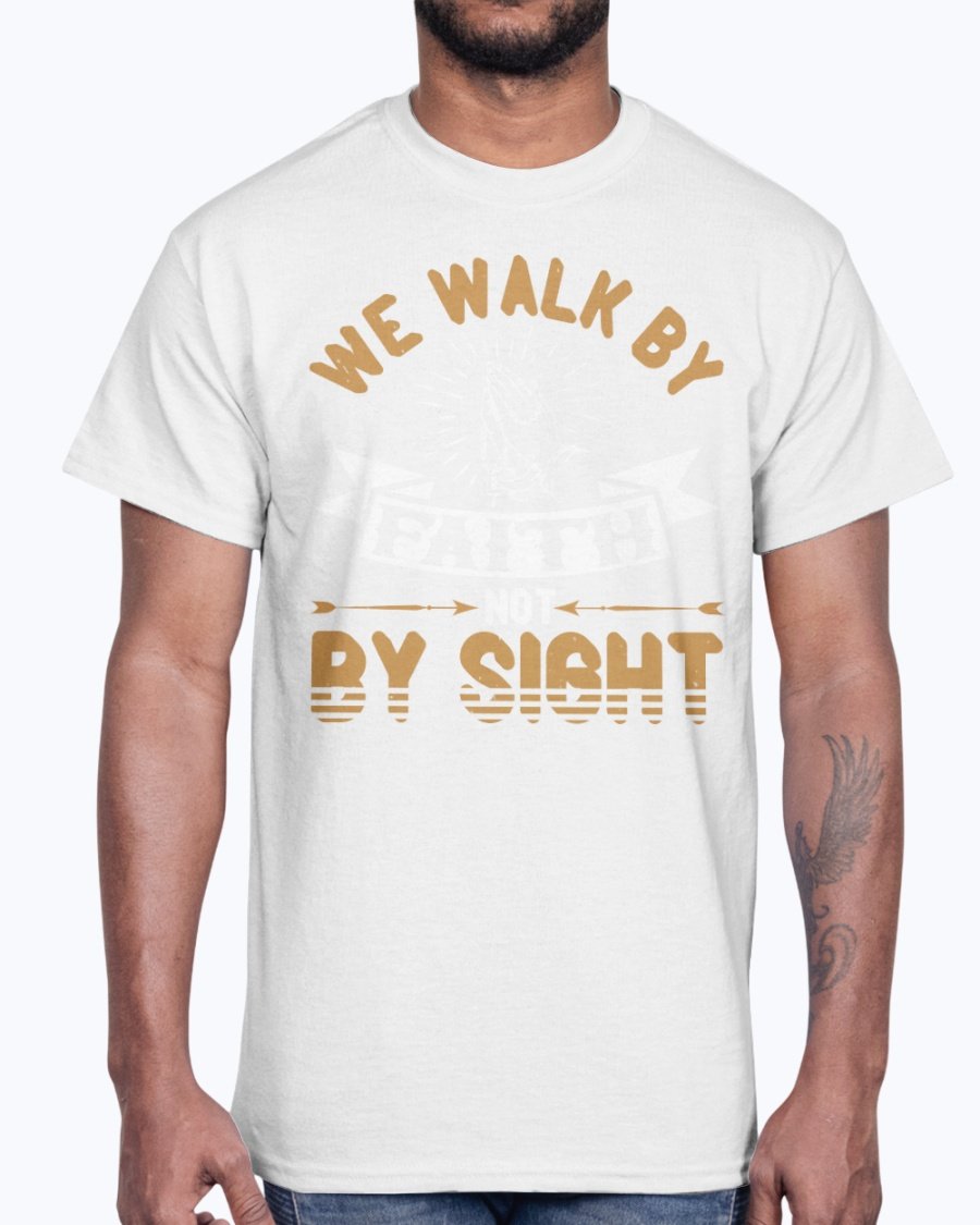 A unisex cotton tee featuring the inspirational quote 'We Walk by Faith, Not by Sight' in a stylish font, perfect for everyday wear.