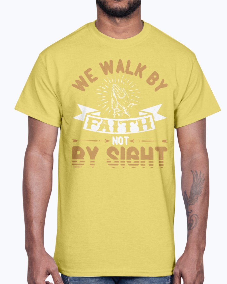 A unisex cotton tee featuring the inspirational quote 'We Walk by Faith, Not by Sight' in a stylish font, perfect for everyday wear.