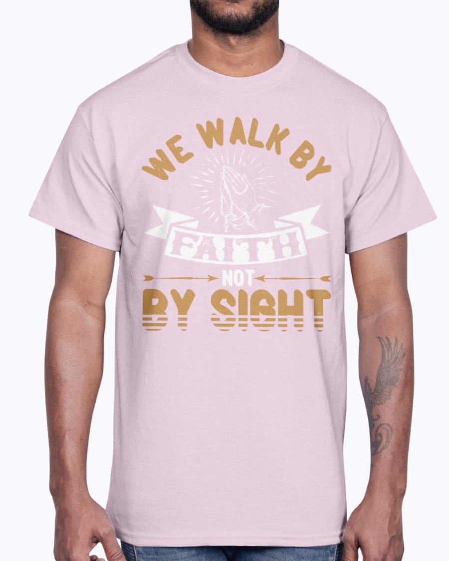 A unisex cotton tee featuring the inspirational quote 'We Walk by Faith, Not by Sight' in a stylish font, perfect for everyday wear.