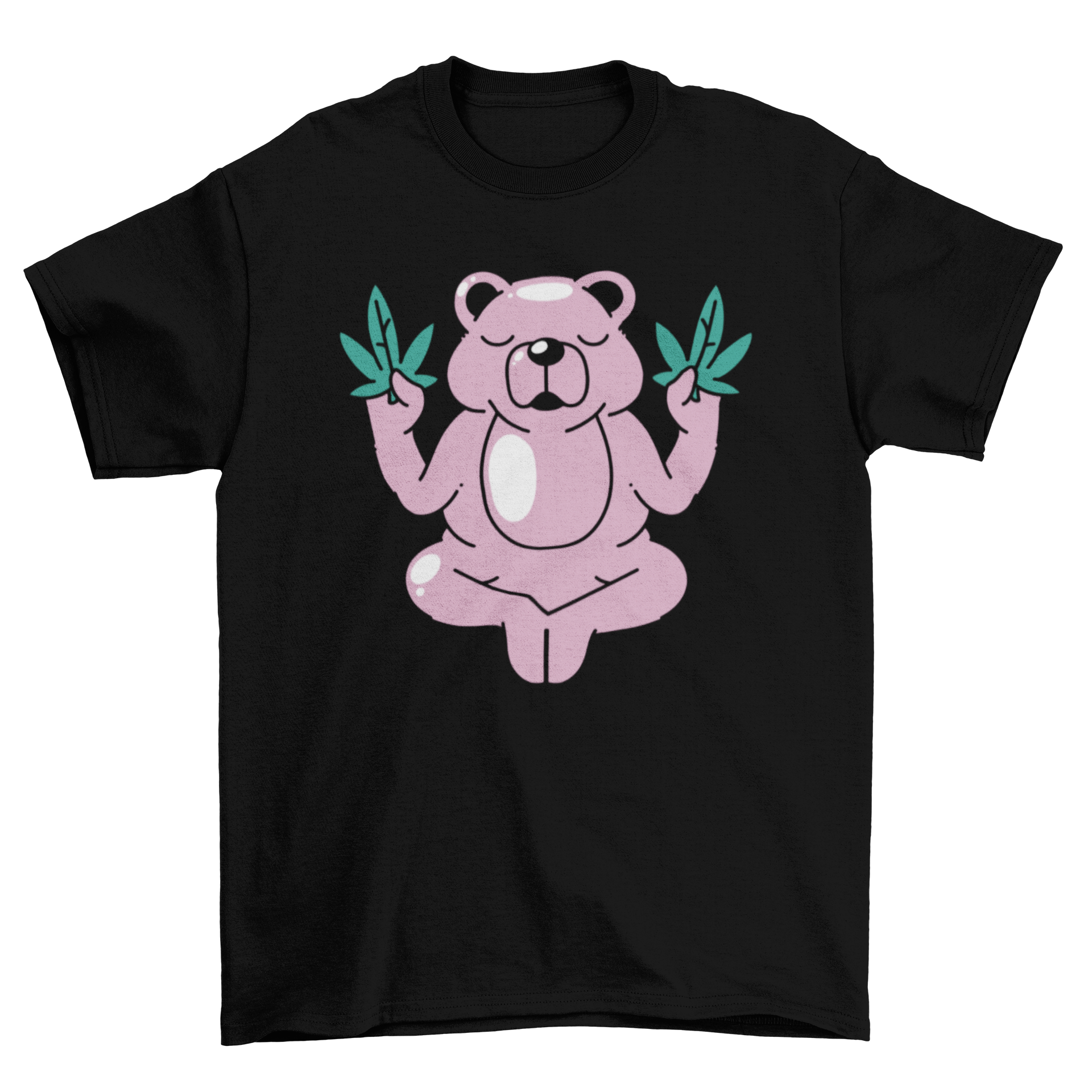 A colorful cartoon bear holding two cannabis leaves, featured on a stylish t-shirt.