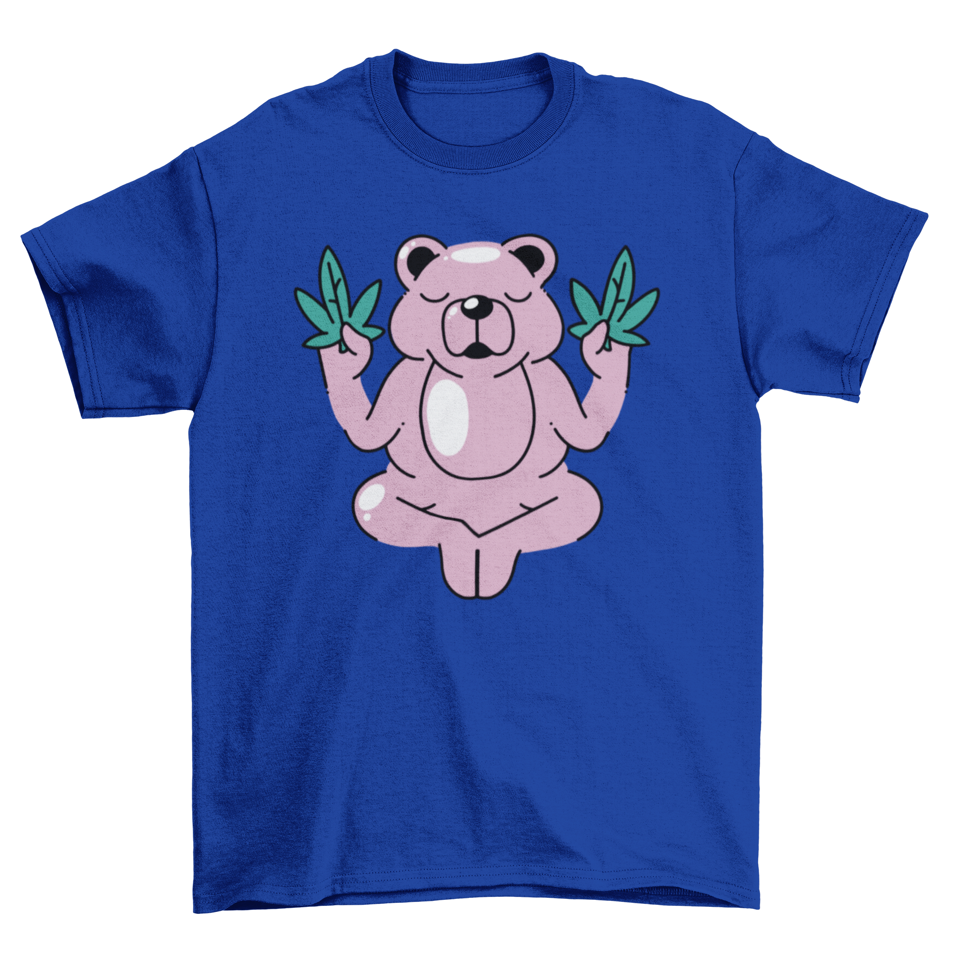 A colorful cartoon bear holding two cannabis leaves, featured on a stylish t-shirt.