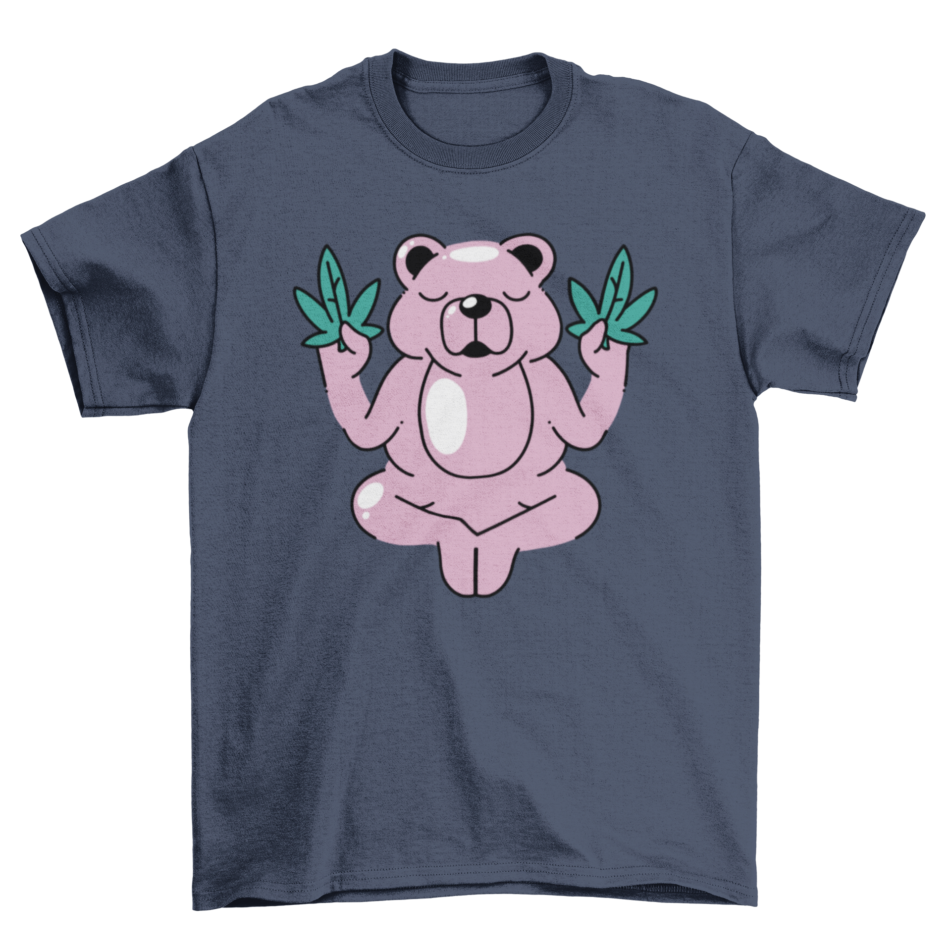 A colorful cartoon bear holding two cannabis leaves, featured on a stylish t-shirt.