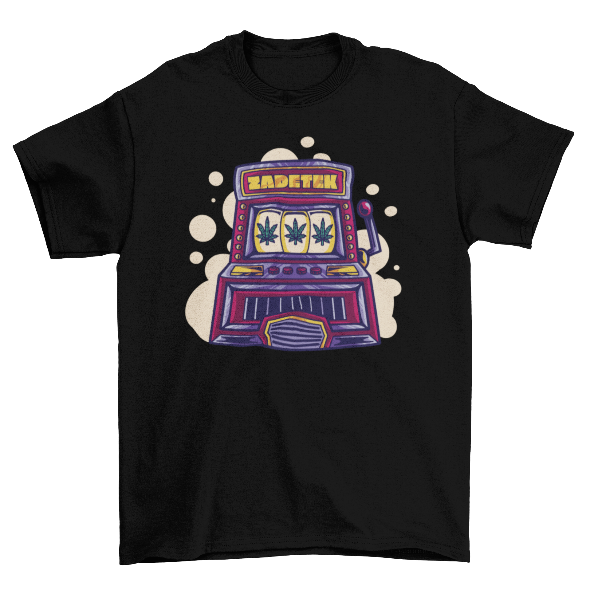 A colorful cartoon t-shirt featuring a cannabis slot machine design with the title 'Zadetek'.