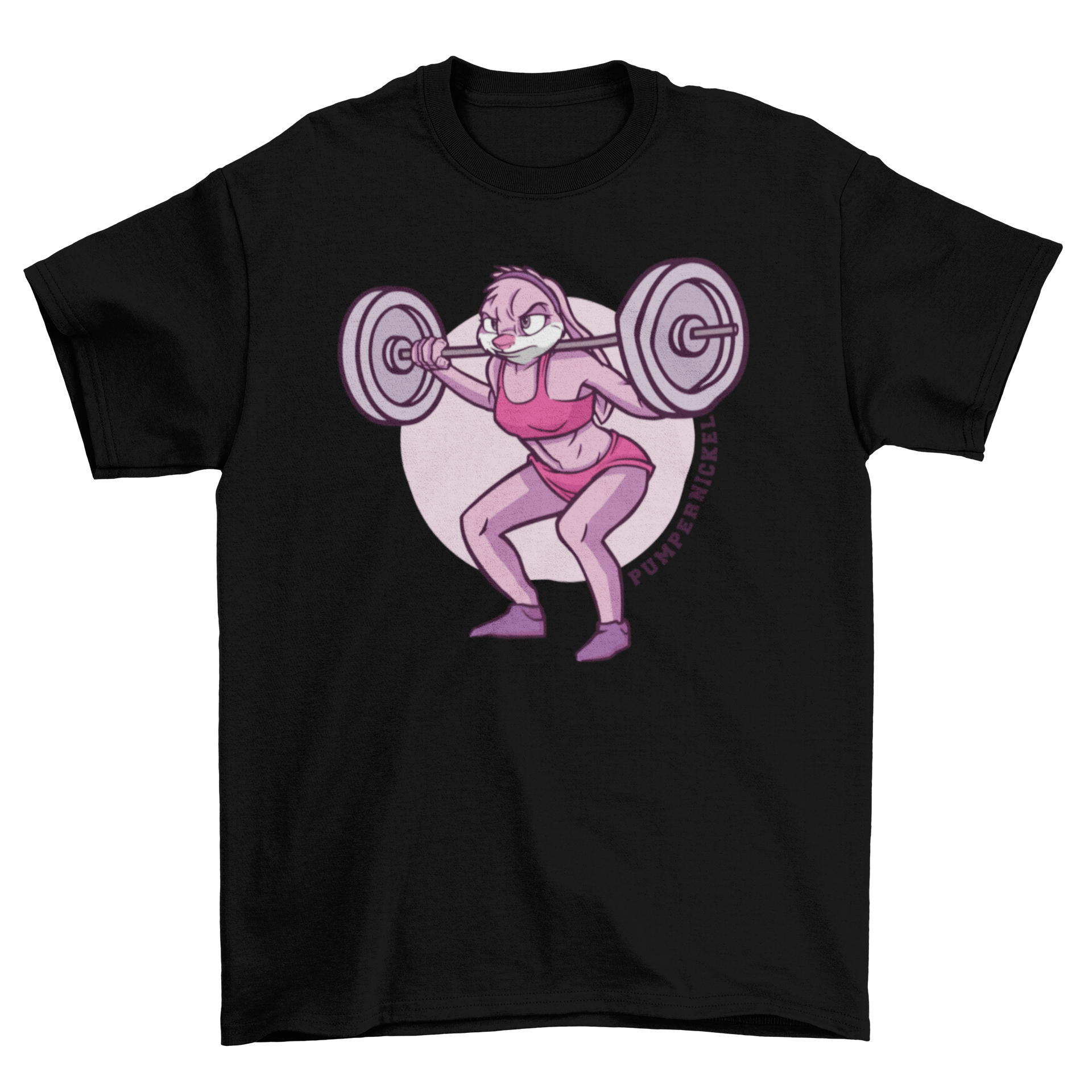 A cartoon t-shirt featuring a female bunny bodybuilder lifting weights with the quote 'Pumpernickel'.