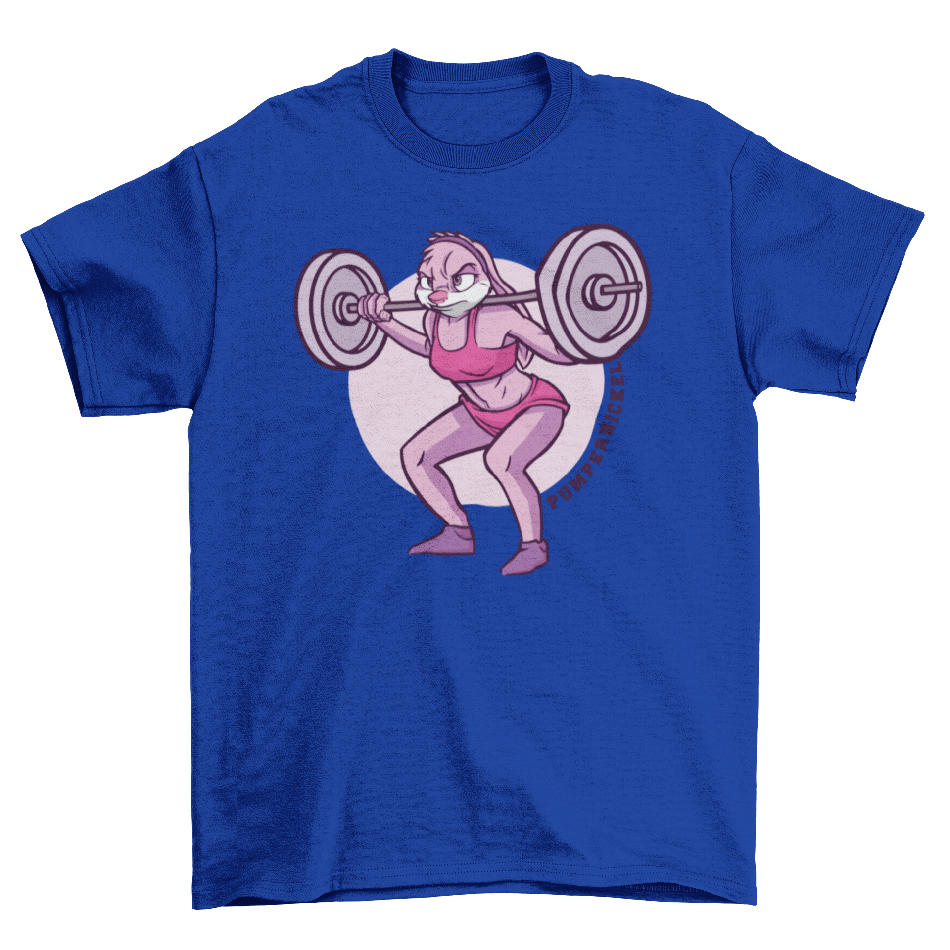 A cartoon t-shirt featuring a female bunny bodybuilder lifting weights with the quote 'Pumpernickel'.