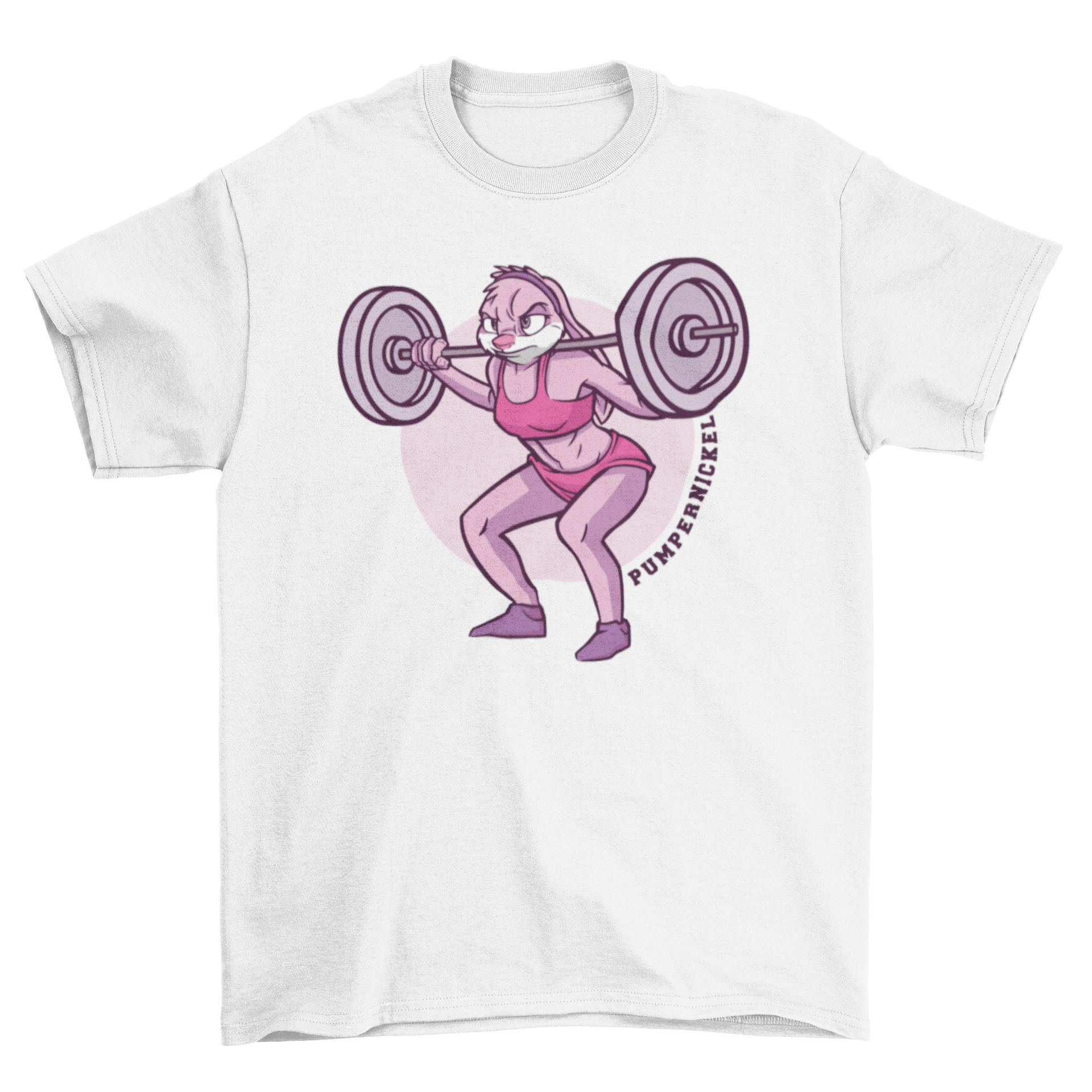 A cartoon t-shirt featuring a female bunny bodybuilder lifting weights with the quote 'Pumpernickel'.