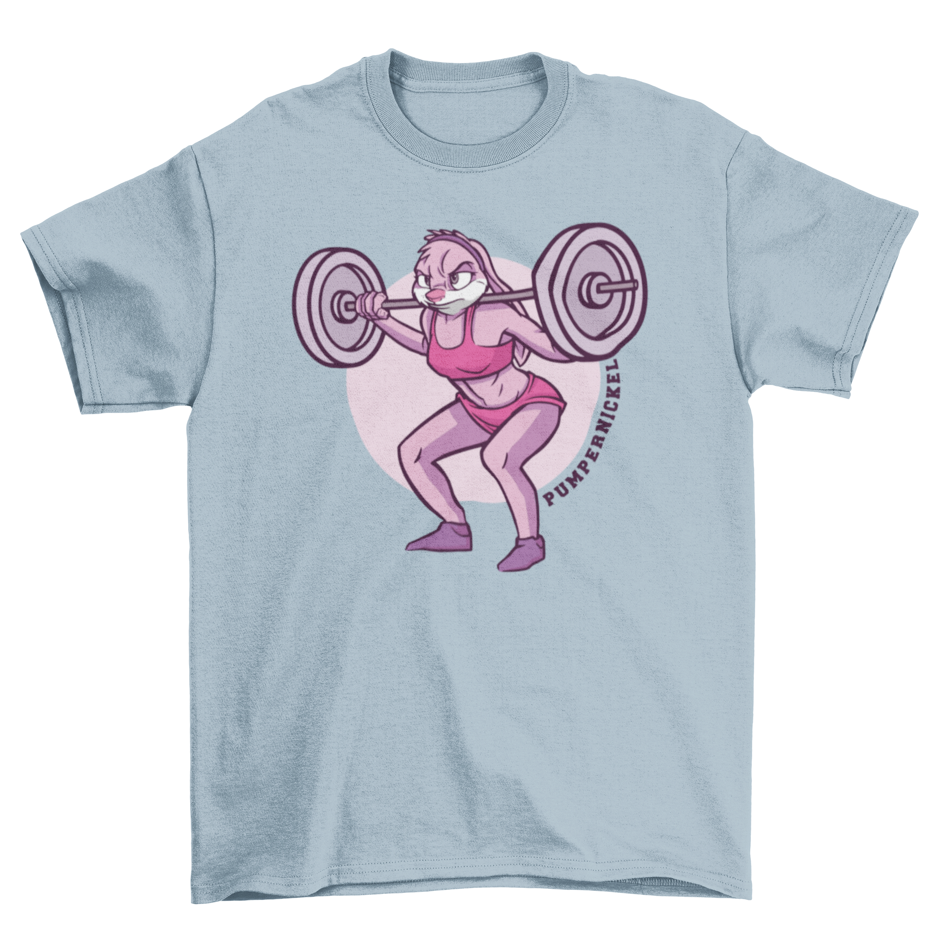 A cartoon t-shirt featuring a female bunny bodybuilder lifting weights with the quote 'Pumpernickel'.