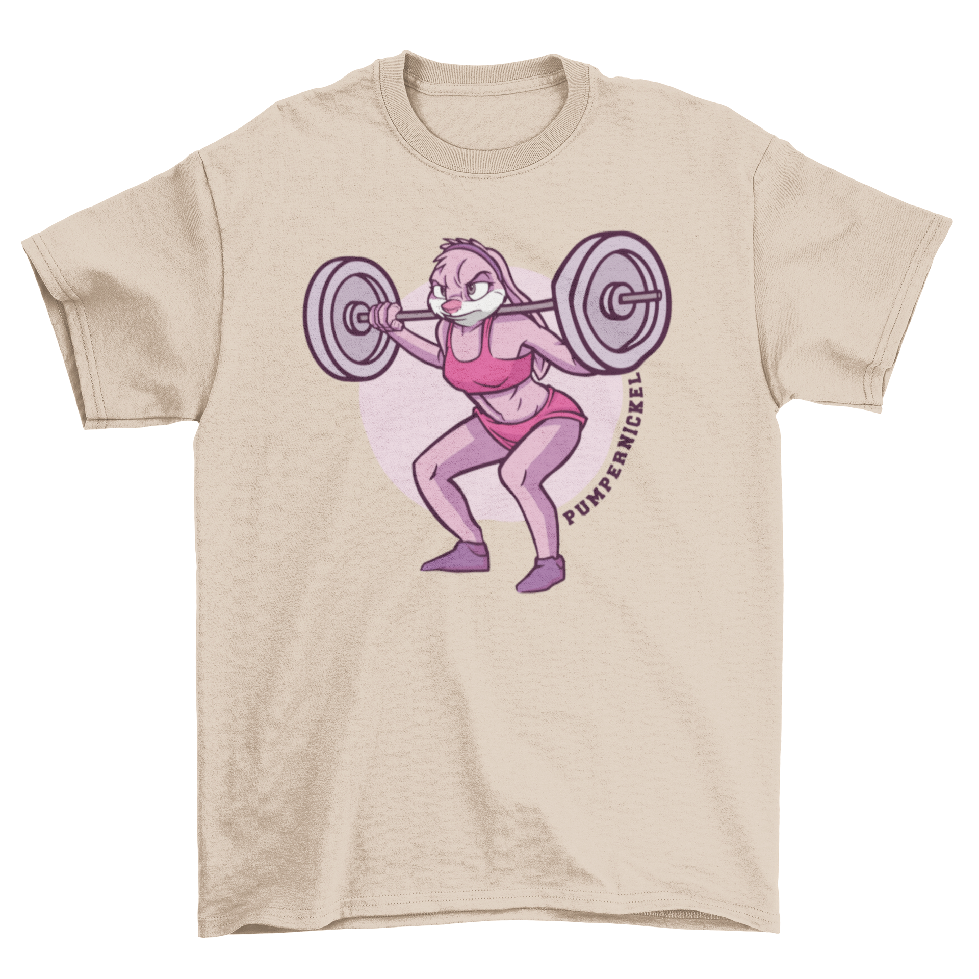 A cartoon t-shirt featuring a female bunny bodybuilder lifting weights with the quote 'Pumpernickel'.