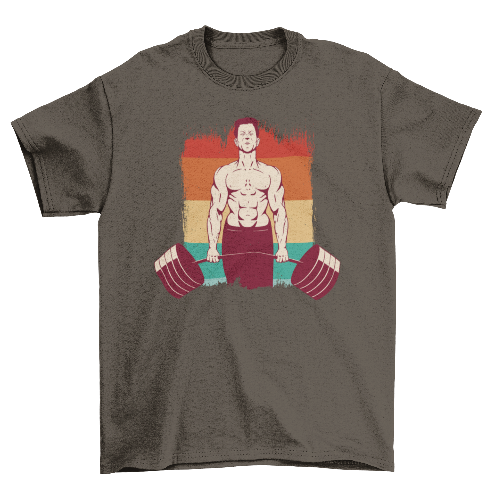 A stylish weightlifting man t-shirt featuring a retro sunset design, perfect for fitness enthusiasts.